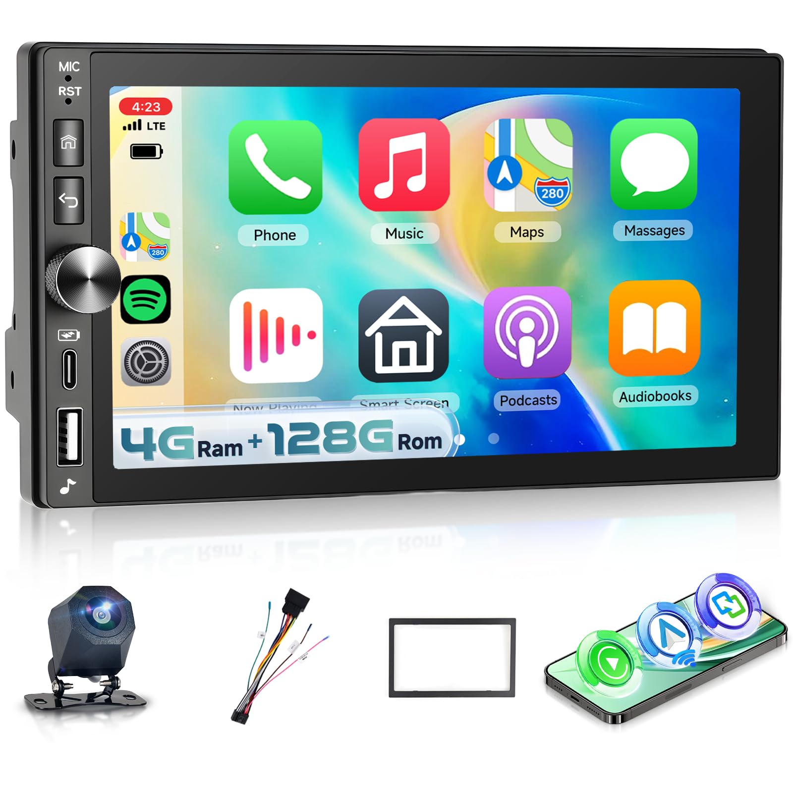【4G+128G】Hodozzy Autoradio 2 Din con Wireless Carplay Android Auto con USB Tipo C, Schermo Incell da 7 Pollici Stereo Auto con Bluetooth/DSP/WiFi/RDS/FM/SWC/Telecamera Retromarcia