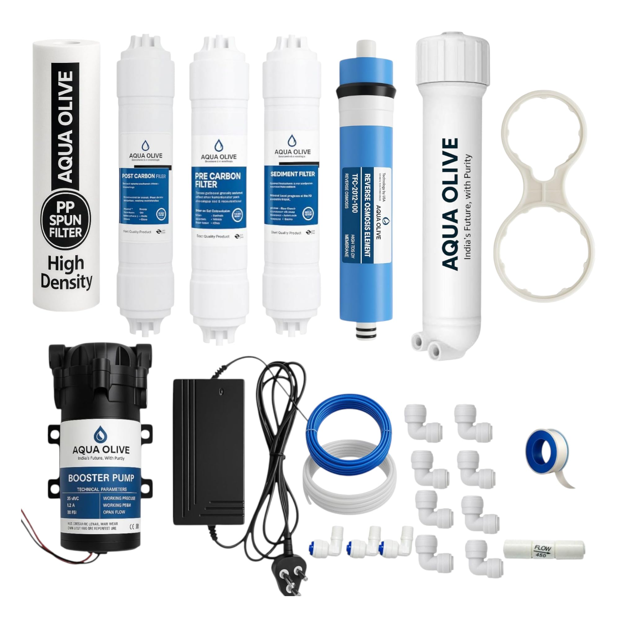 Aqua olive RO Water Purifier Complete Filter Kit, PP Spun Filter, Carbon Filters, RO Membrane, Booster Pump, 24V Adaptor, Compatible with RO+UV+UF Systems-image-0