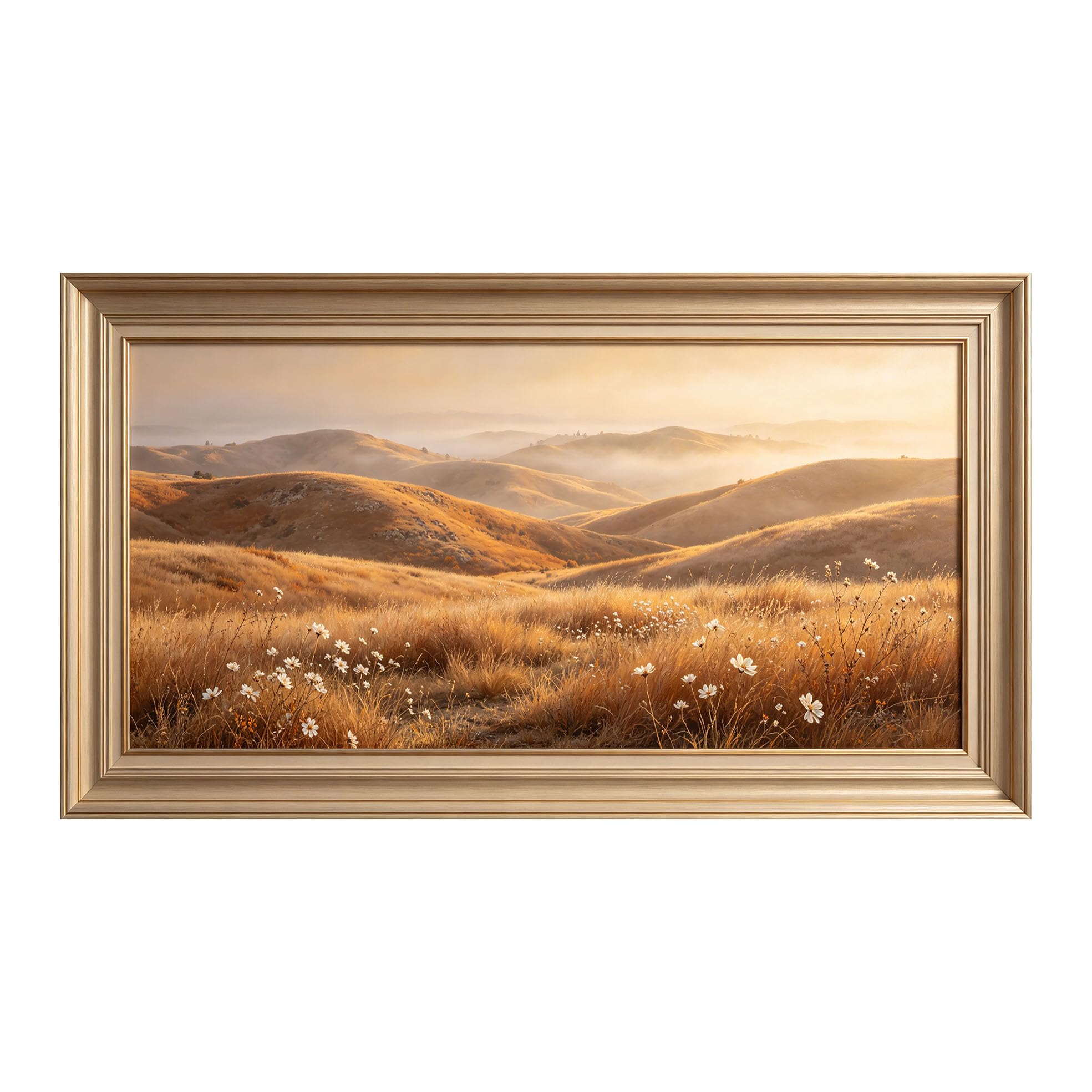 Yzpallescene 3D Framed Wall Art 50cm×100cm Golden Meadow Hills Sunset Realistic Landscape Large Size SelfAdhesive Removable Wall Decor Prints Artwork for Living Room Bedroom Office