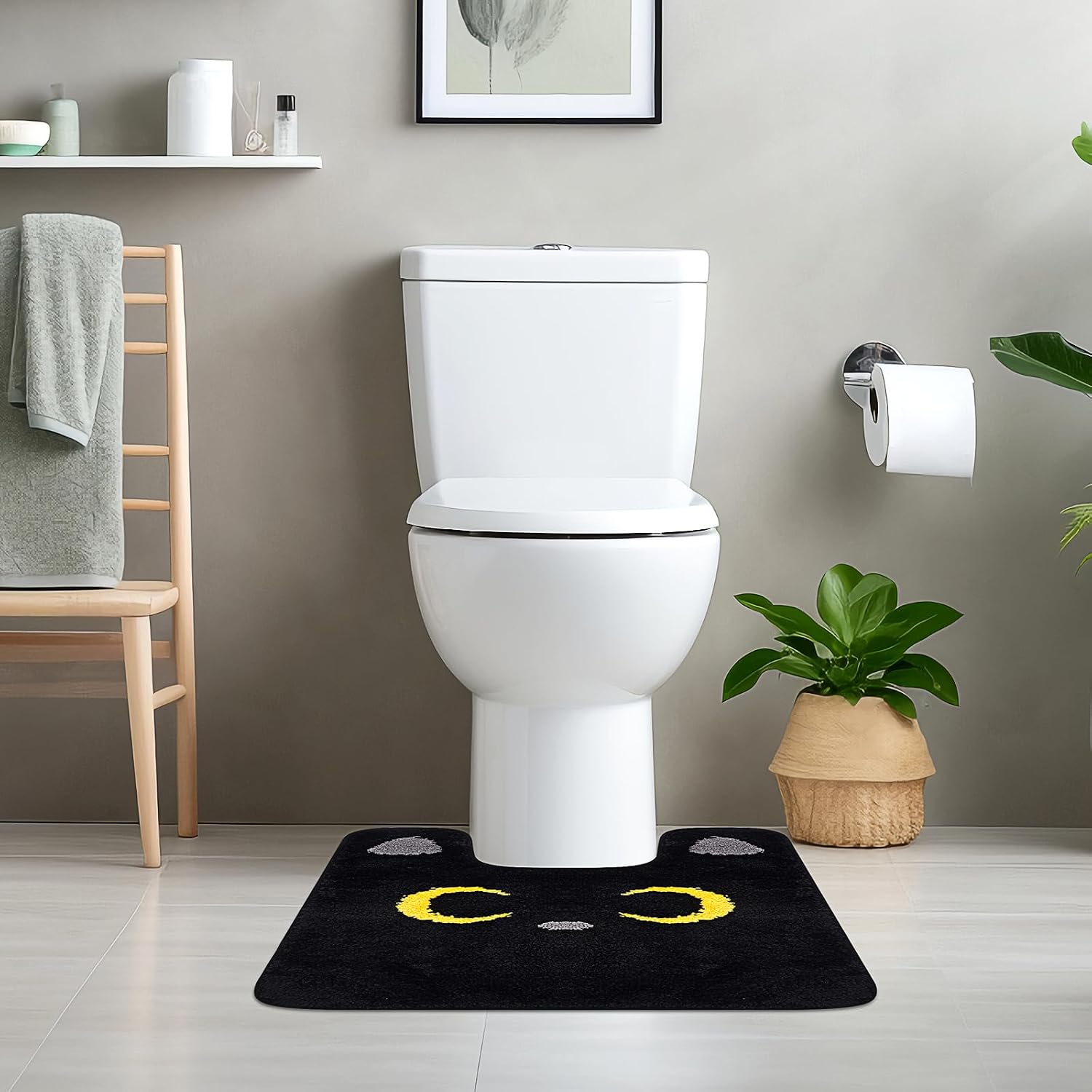 Toilet Rug - Cute Cat Rugs U Shaped Washable Soft and Absorbent Bath Rug | Non Slip Toilet Bath Mat,Bathroom Contour Rug for Toilet Base(Black, 24" x 20")
