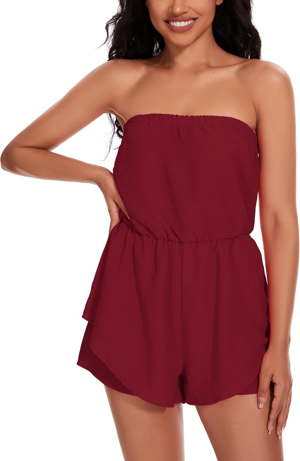 Women Rompers for Summer Dressy Strapless Romper Ruffle Shorts Jumpsuit Trendy Vacation Beach Outfits 2025 - Image 4