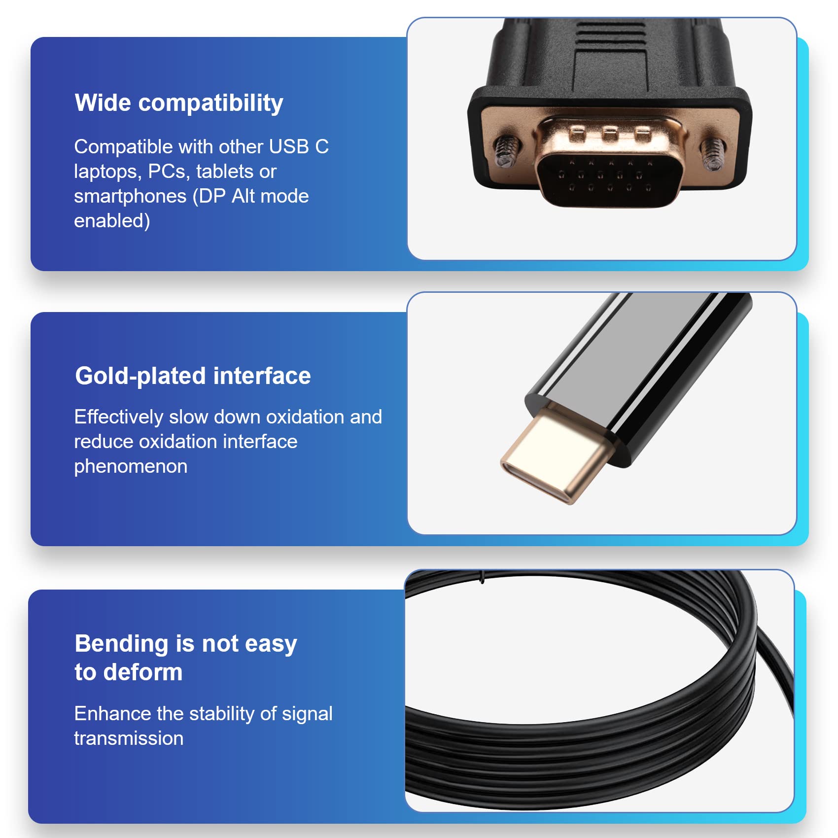 Ervic Câble USB-C Vers VGA 1,8 M – Compatible MacBook, Galaxy, Surface – 1080p Plug & Play