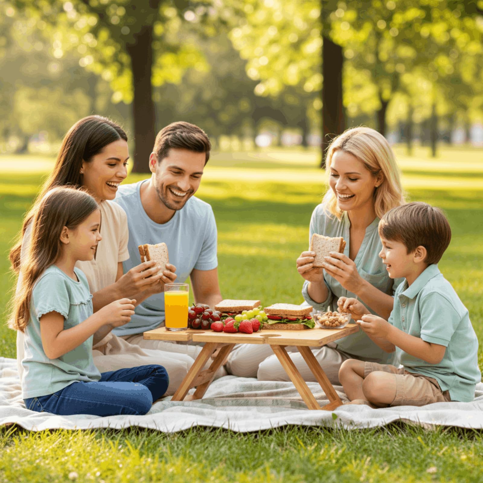 YOUEON Tragbarer Wein Picknick Tisch mit 5 Weingläser Halter, Faltbarer Champagner Picknick Snack Tisch, Wein und Käse Tisch für Picknick, Camping, Park, Strand, Weinliebhaber Geschenk