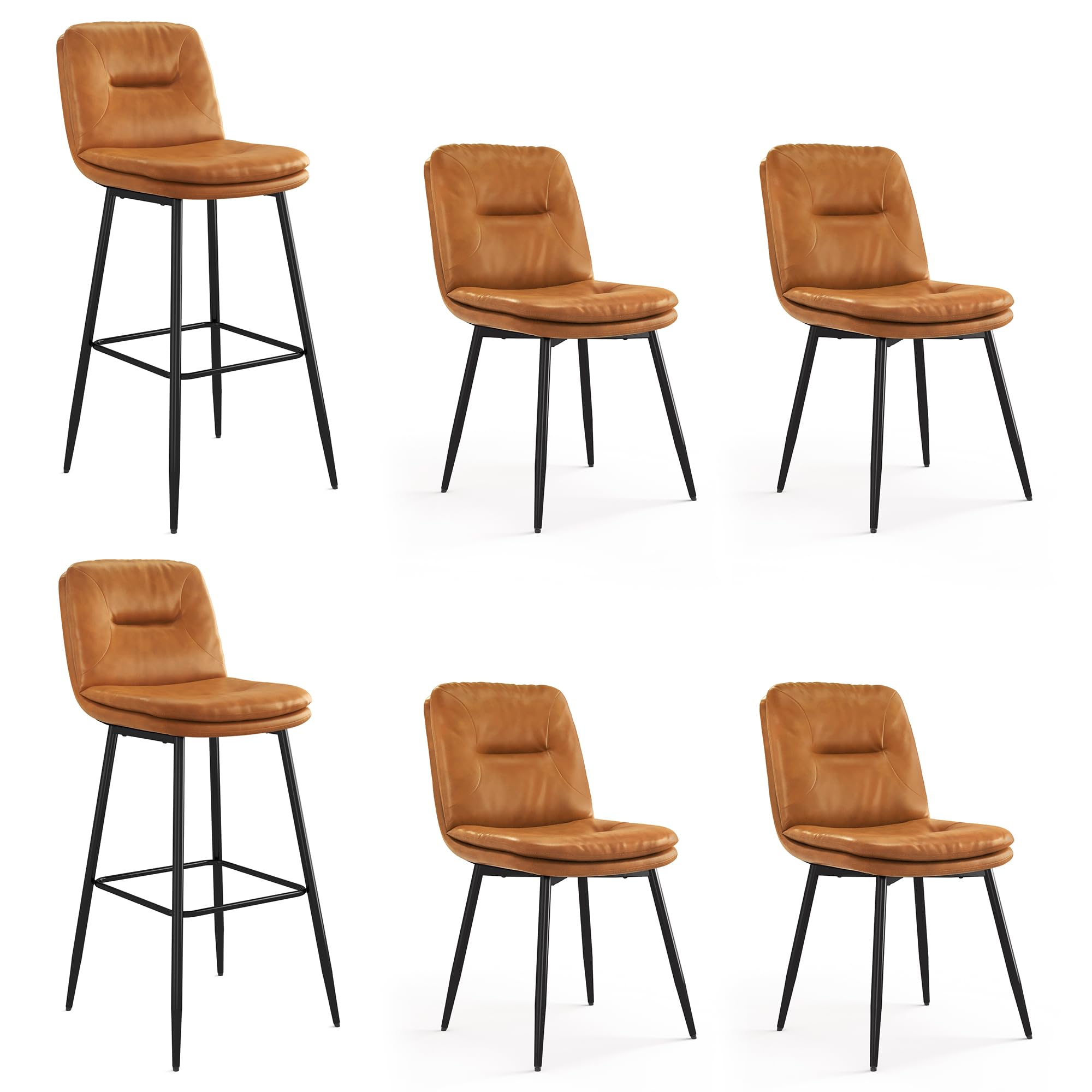 Cozyman Double-Layer Upholstered Dining Chairs & Barstools Set| 18 Inch Dining Chairs Set of 4 and 2 PCS 30 Inch Bar Stools| Faux Leather Chair with Metal Legs for Kitchen, Dining Room, Whiskey Brown