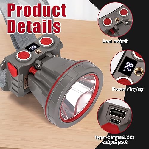 Miniatura 7 de Linterna frontal súper brillante de caza de Coon, faro LED de alto lúmenes con pantalla de nivel de batería, foco recargable impermeable, manos