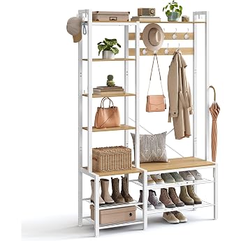Vasagle HSR426Y01 Coat Stand with Shoe Bench 5 Shelves Made of Chipboard 9 Triple Hooks 6 Side Hooks 40 x 120 x 190 cm Gold Oak Cloud White 7 Chipboard Shelves 9 Double Hooks 6 Side Hooks Oak Gold and Matte White DACEY Collection HSR426Y01