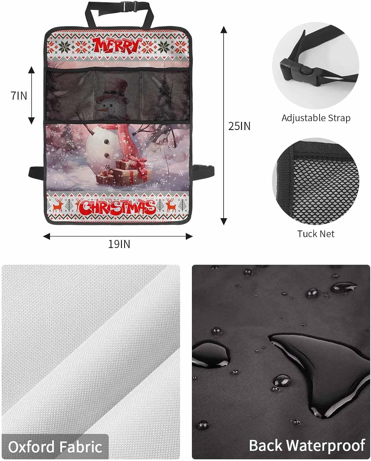 Car Seat Protector, 2 Pack Kick Mats with Organizer - 3 Pocket Storage, Christmas Snowman with Gifts Snow Covered Forest Back Seat Cover for Kids Universal Fit Automotive Interior Protectors