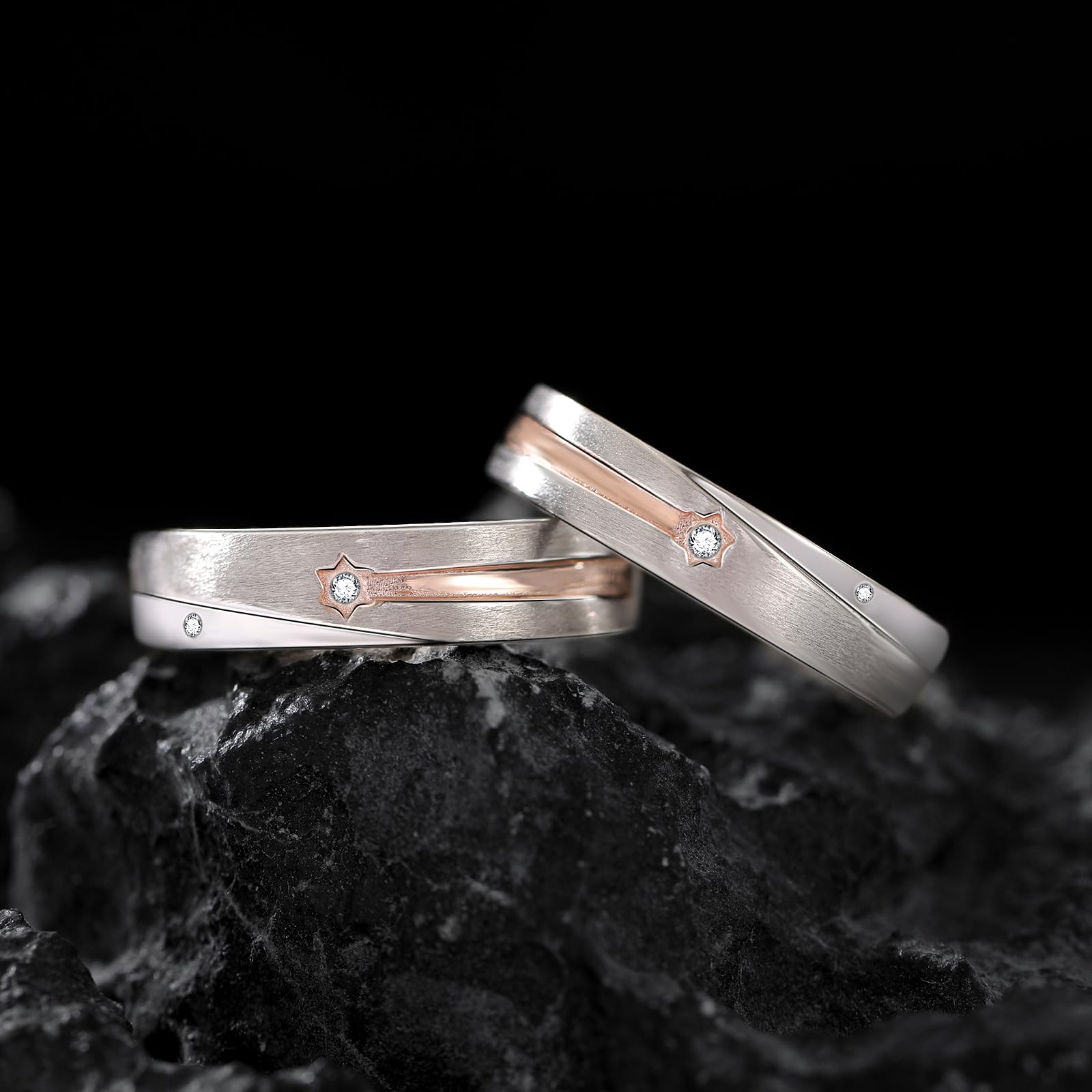Pareja Anillos Alianzas Boda Lluvia de Meteoritos Esmerilado Plata de ley Promesa Anillo Ajustable Compromiso Casarse Regalo