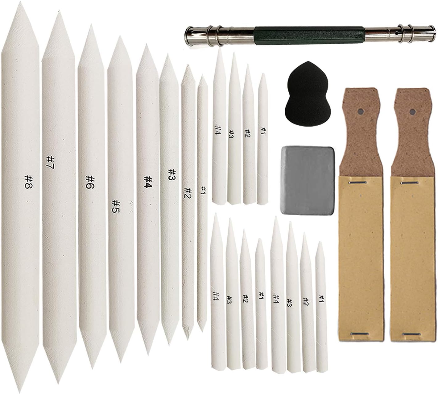 Meikeer 20 Pieces Blending Stumps and Tortillions Set with 2 Pieces Sandpaper Pencil Sharpener, 1 Pencil Extension Tool, 1 Eraser,Sponge Sketch,for Student Sketch Drawing kit