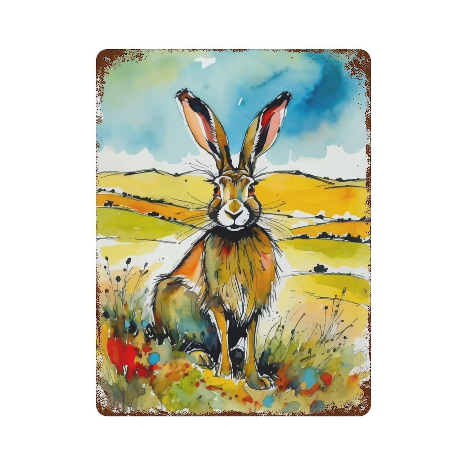 Distressed Metal Wall Sign Watercolor Hare in Field 15.7"x11.8", Decorative Metal Wall Art for Farmhouse, Kitchen And Entryway Decor