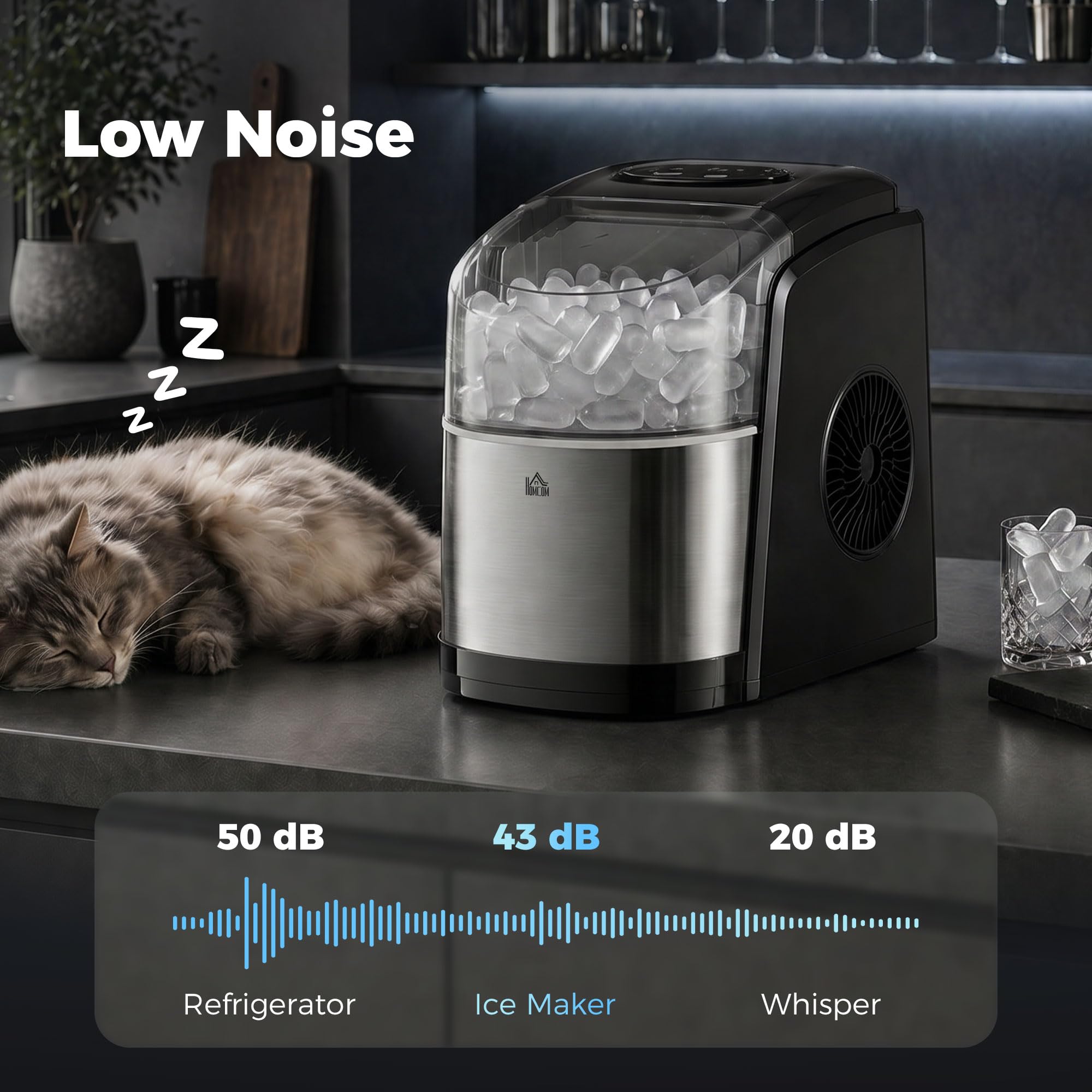 HOMCOM Machine à glaçons 12kg en 24h, Machine Glacon autonettoyant, capacité réservoir 1,8 L, Affichage LED, pelle et panier inclus, en acier Inox pour Maison, Cuisine, Bar
