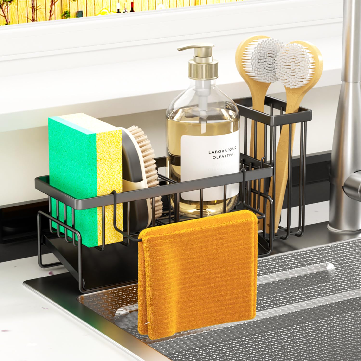 MODRACKLY Sponge Holder & Sink Caddy Organizer - Rustproof Kitchen Sink Organizer with High Brush Holder - Kitchen Essentials Countertop Storage Organization (Black)