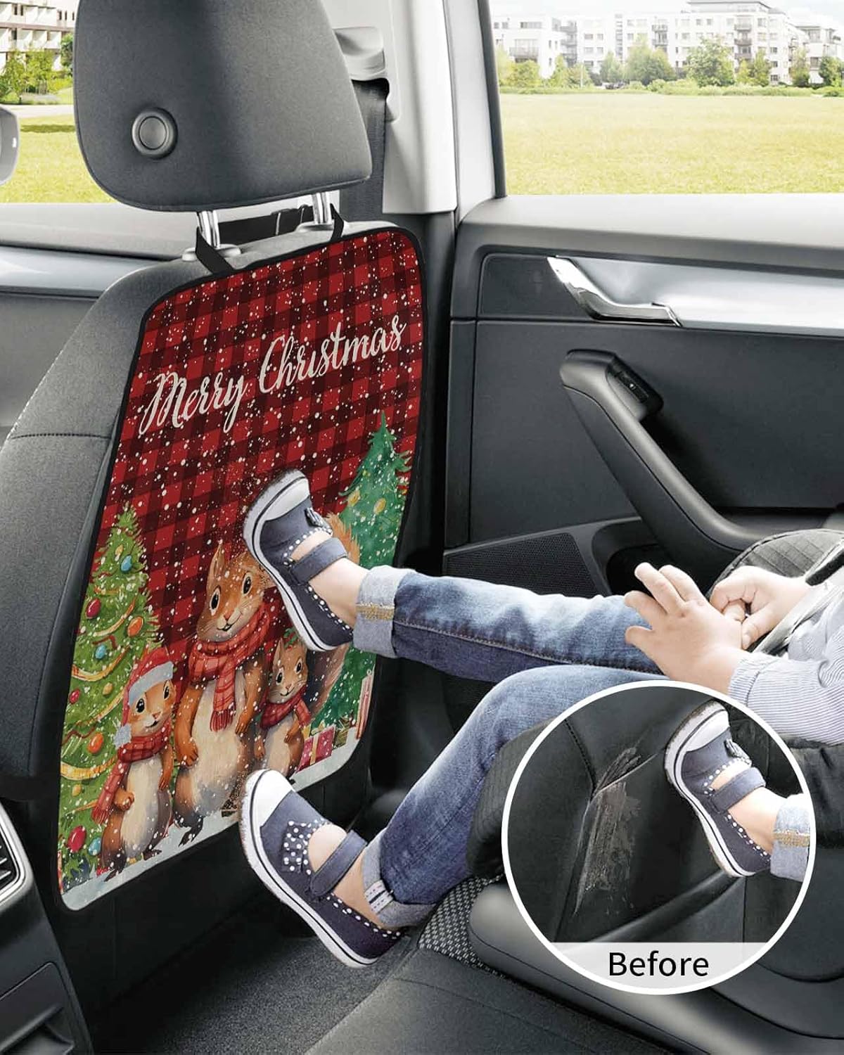 Car Seat Protector, 2 Pack Kick Mats Back Seat Protector Merry Christmas Squirrel Gifts Xmas Tree Red Buffalo Plaid Waterproof Backseat Cover for Kids Universal Fit Automotive Interior Protectors