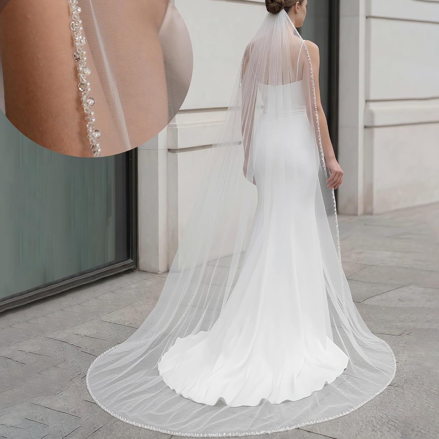 Bridal Cathedral Veil Crystal Beaded Edge Single Tier Wedding Accessory