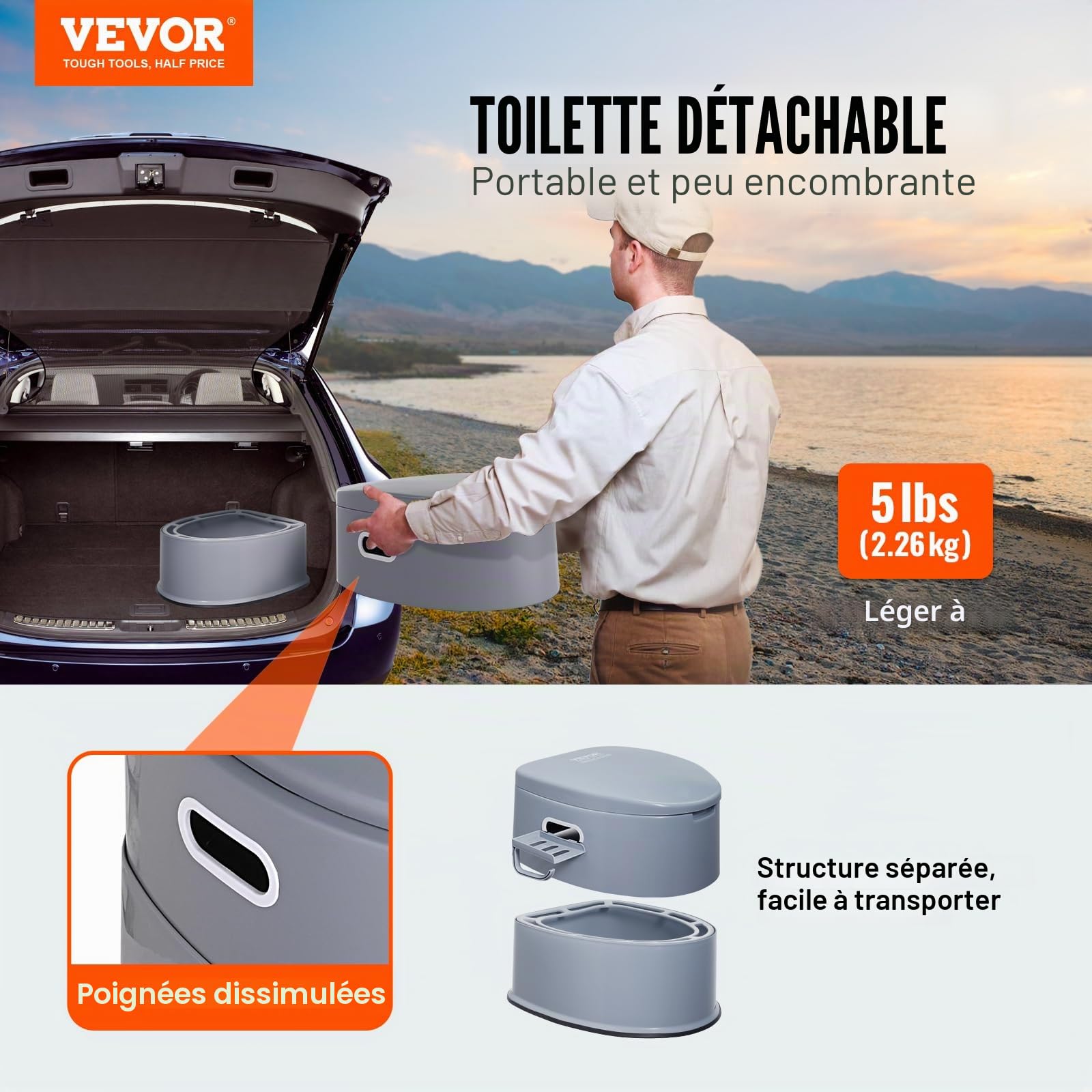 VEVOR Toilette Portable avec Réservoir à Matières 5 L Toilette de Camping avec Porte-Papier et Support de Téléphone sans Odeur WC de Voyage pour Camping-car Caravane Chambre à Coucher Femmes Enceintes