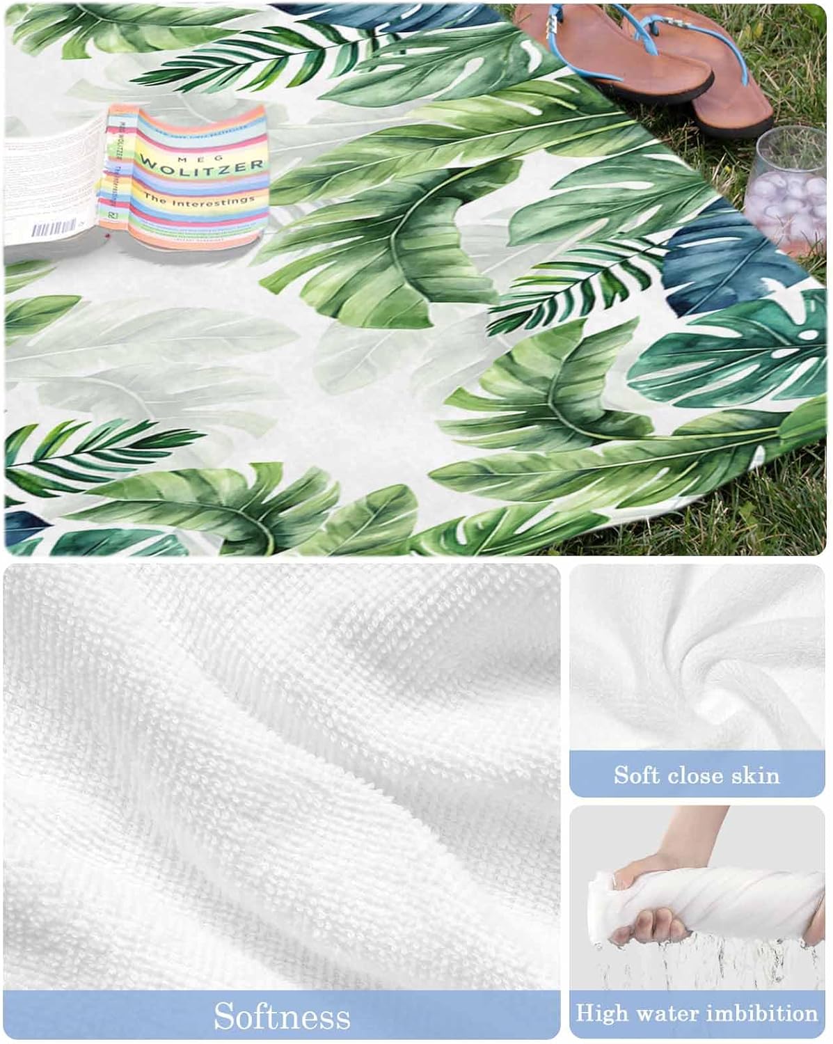 Beach Towel Watercolor Monstera Leaves Lightweghit Sand Free Pool Towels Green Tropical Plants Microfiber Soft Absorbant Travel Towels for Swim Camping Gym Bath 30x60in