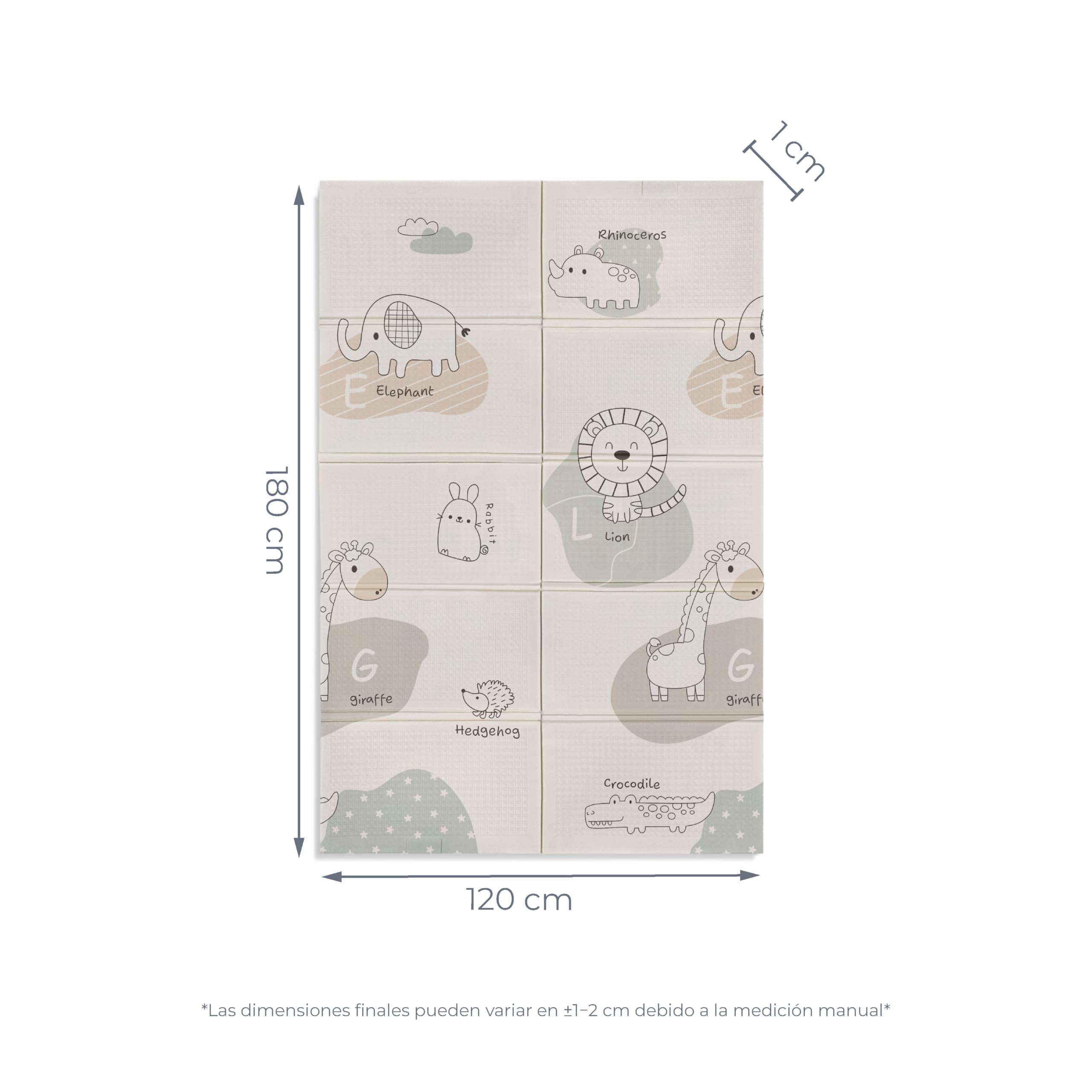 ms babyworld trendy - tappeto gioco per bambini - disponibile in 3 dimensioni a scelta - double-face, tappeto molto imbottito (1 cm) - con borsa per il trasporto. (Rhino/Coche, 180 * 120)