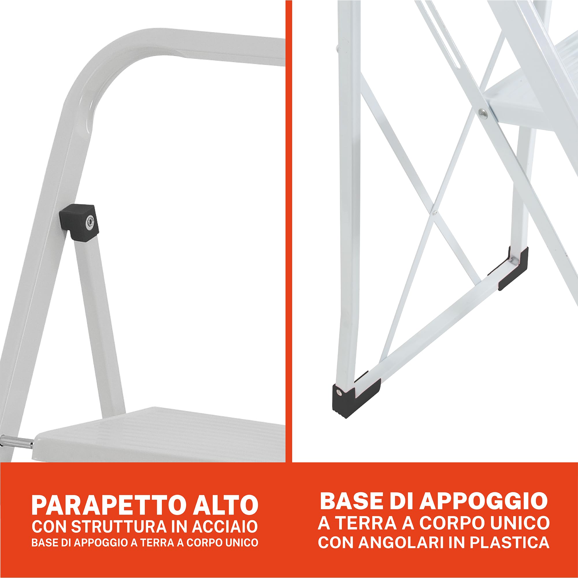 GIERRE Selecta Scaletta 2 Gradini in Acciaio 90H x 48 cm Scaletta Pieghevole Salvaspazio Ampia Superficie d'Appoggio del Gradino 20 x 30 cm Piedini Antiscivolo in Plastica