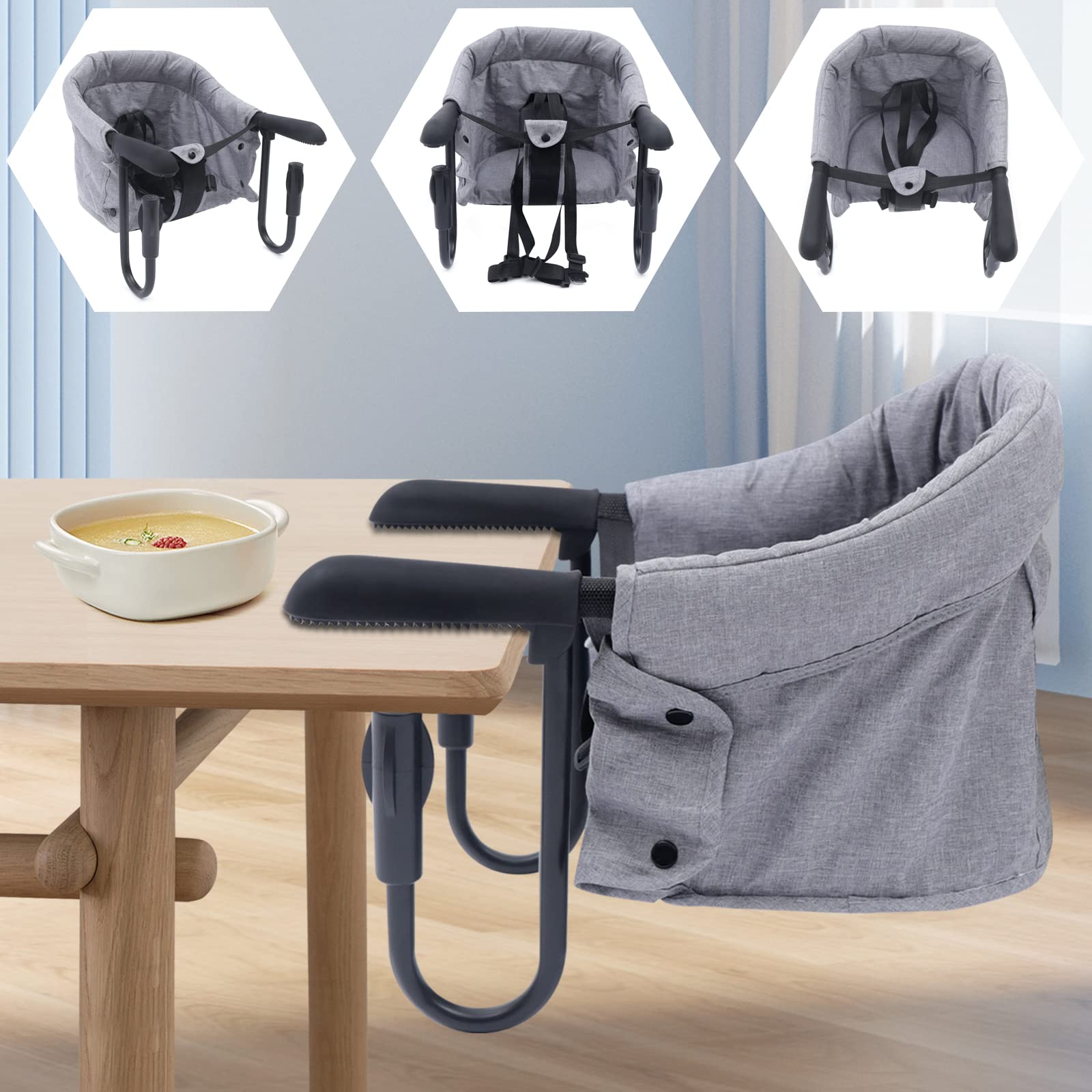 asiento mesa bebé suplemento plegable con pinzas antideslizantes y bolsillo, silla de seguridad para bebé cómodo (gris)
