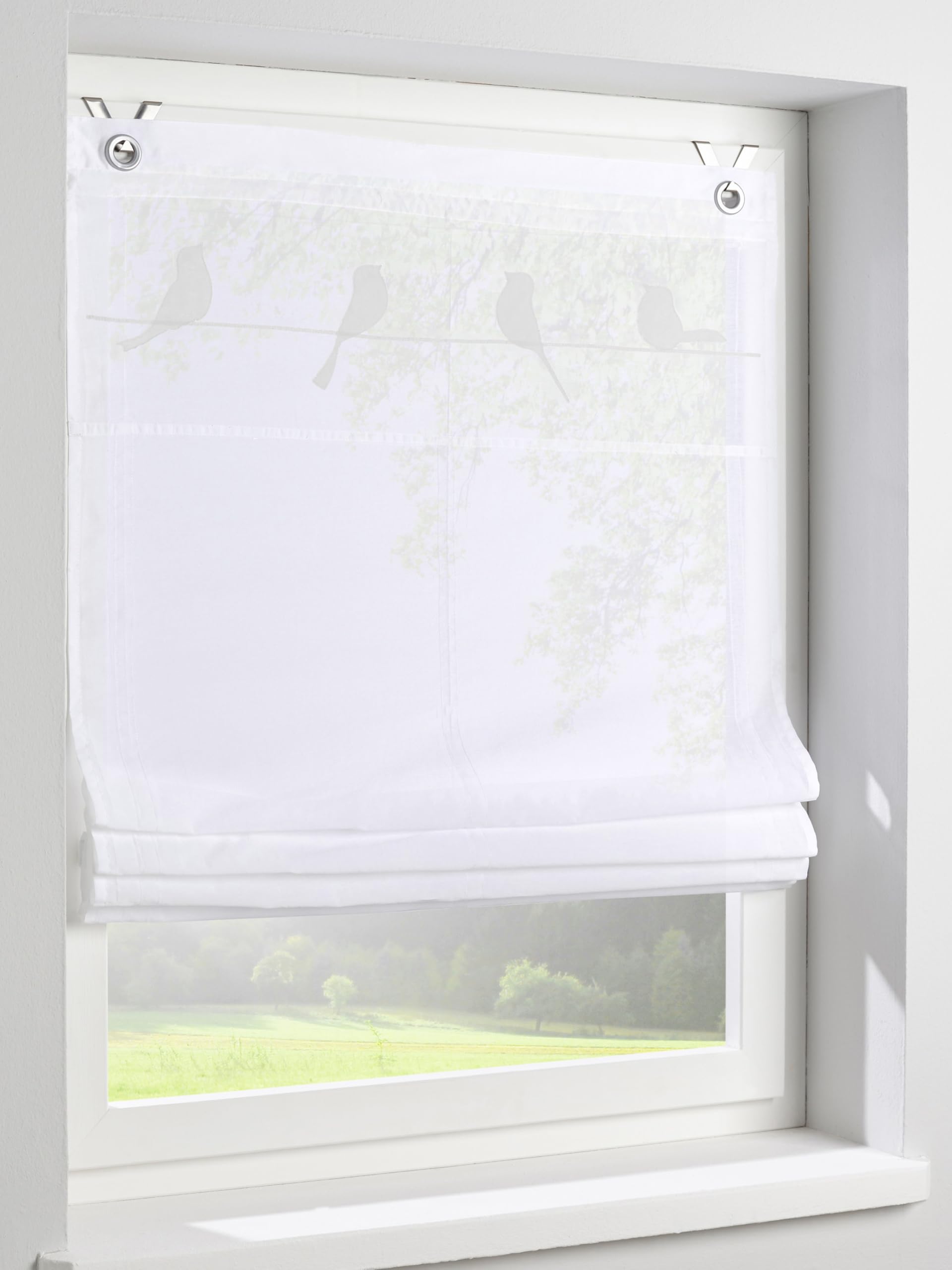 Tenda a pacchetto Gravelot con motivo uccelli in bianco – Tenda semitrasparente per finestre di dimensioni 80 x 140 cm, montaggio senza fori