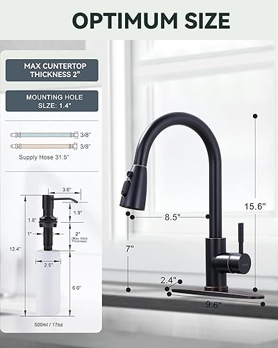 Miniatura 4 de WOWOW - Grifo de cocina de bronce aceitado con dispensador de jabón, grifos de cocina de acero inoxidable para fregadero, grifo de cocina extraíble