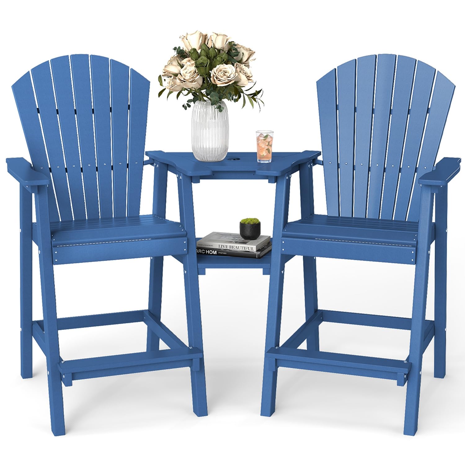 FOOWIN Tall Adirondack Chair Set of 2, All Weather HDPE Bar Height Adirondack Chair with Double Connecting Trays, Adirondack Barstools for Balcony,