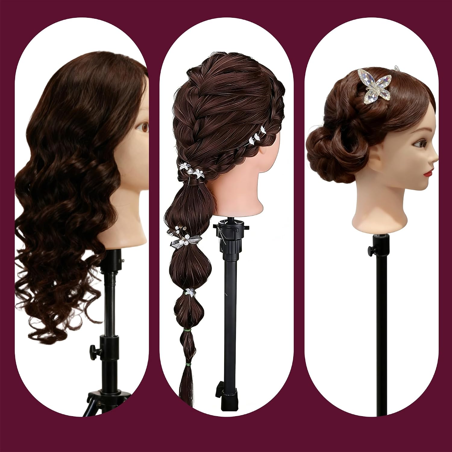 ZOUMU 26"-28" Long Hair Mannequin Head – 70% Real Hair Cosmetology Training Head for Braiding, Styling & Cutting Practice, High-Density with 9 Tools & Clamp, #4 Brown Makeup Model image 5