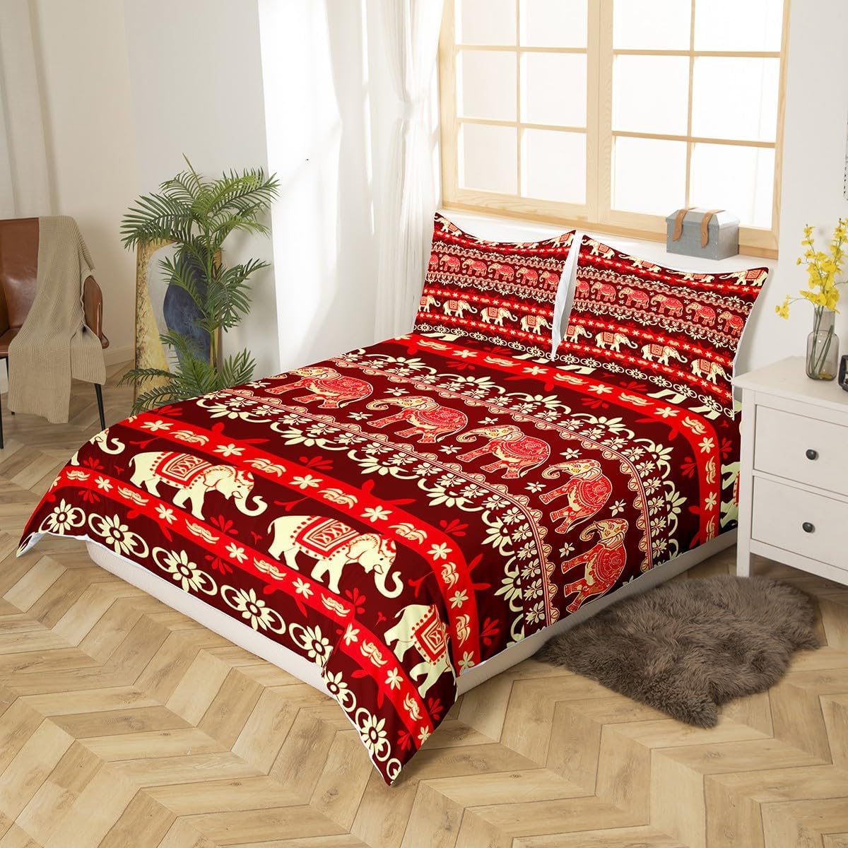 Feelyou Bohemian Duvet Cover Boho Elephant Printed Bedding Set for Kids Women Adults Hippie1 Mandala Comforter Cover Exotic Southwestern Bedspread Cover Bedroom Collection 3Pcs King Size