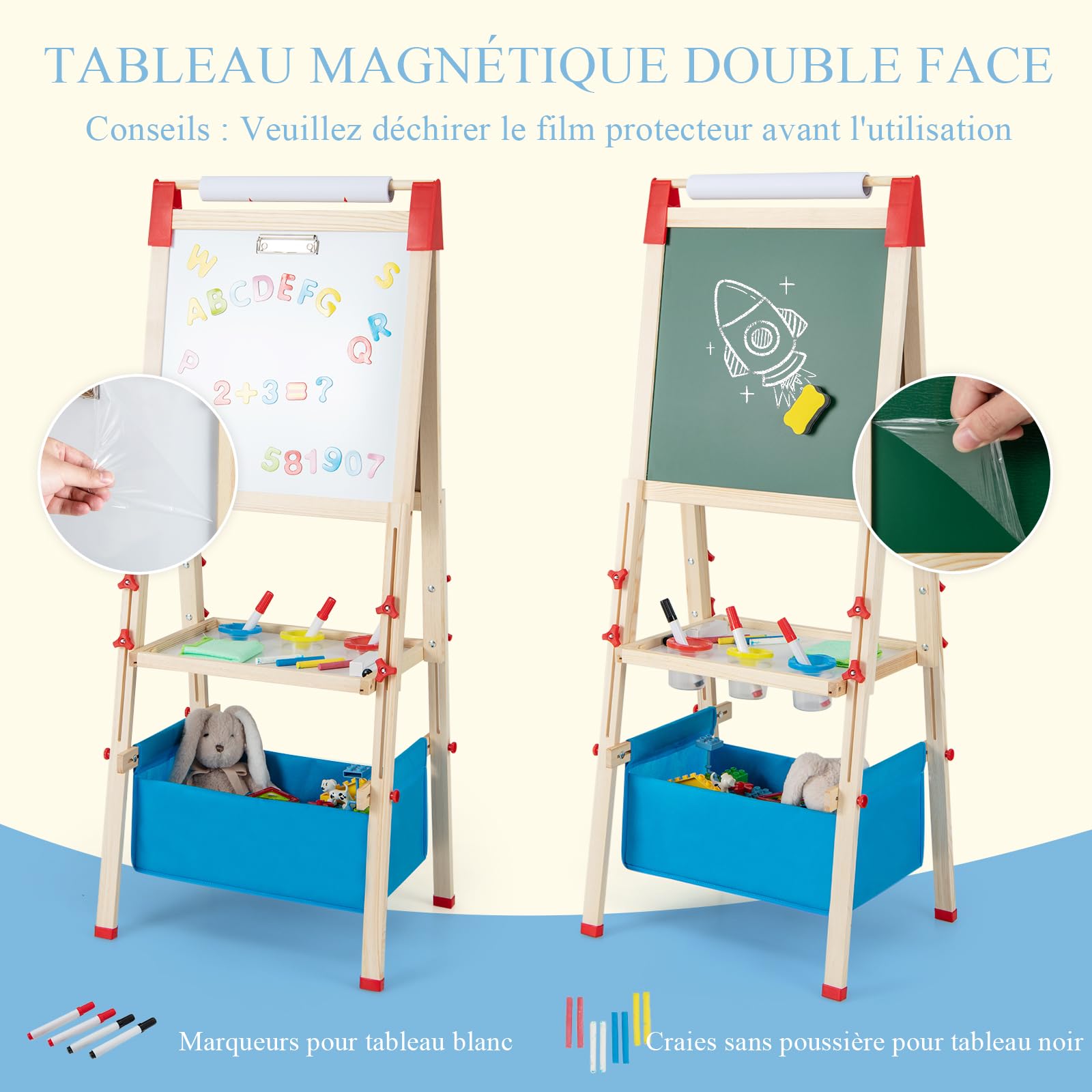 GOPLUS Chevalet en Bois pour Enfants Réglable en Hauteur, Double Face Tableau Noir et Blanc Magnétique, Rouleau de Papier Remplaçable, Aimants Lettres et Chiffres, Chevalet d'Art pour Les 3 à 8 Ans