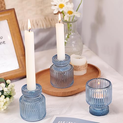 Miniatura 6 de DARJEN 6 portavelas de vidrio azul con rayas verticales, forma irregular, doble uso para velas cónicas y velas votivasde té, portavelas para mesa de