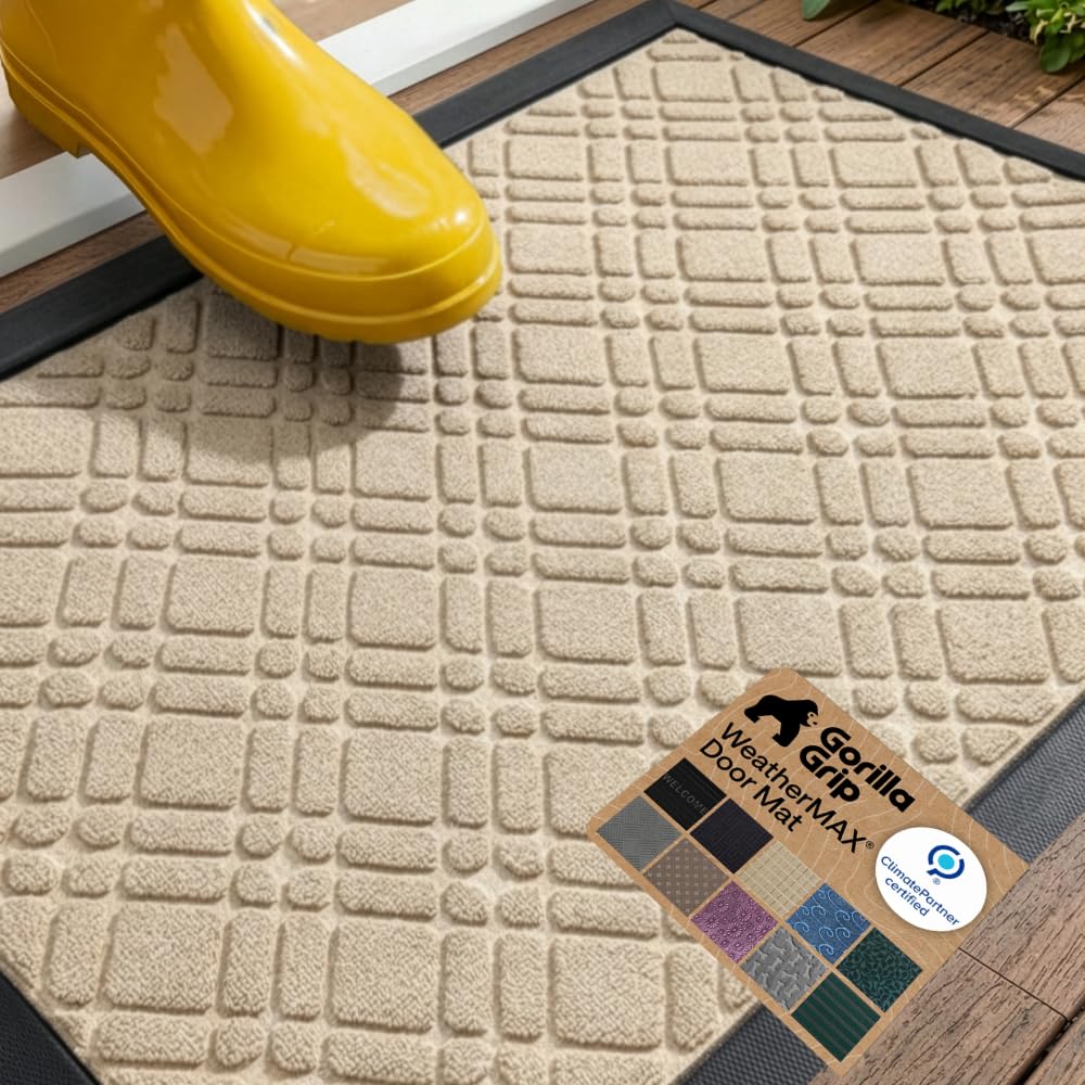 GORILLA GRIP 100% Waterproof All-Season WeatherMAX Doormat US Designed Natural Rubber, Stain and Fade Resistant, Low Profile Indoor Outdoor Door Mats, Easy Clean Patio Mat, 29x17, Modern Latte