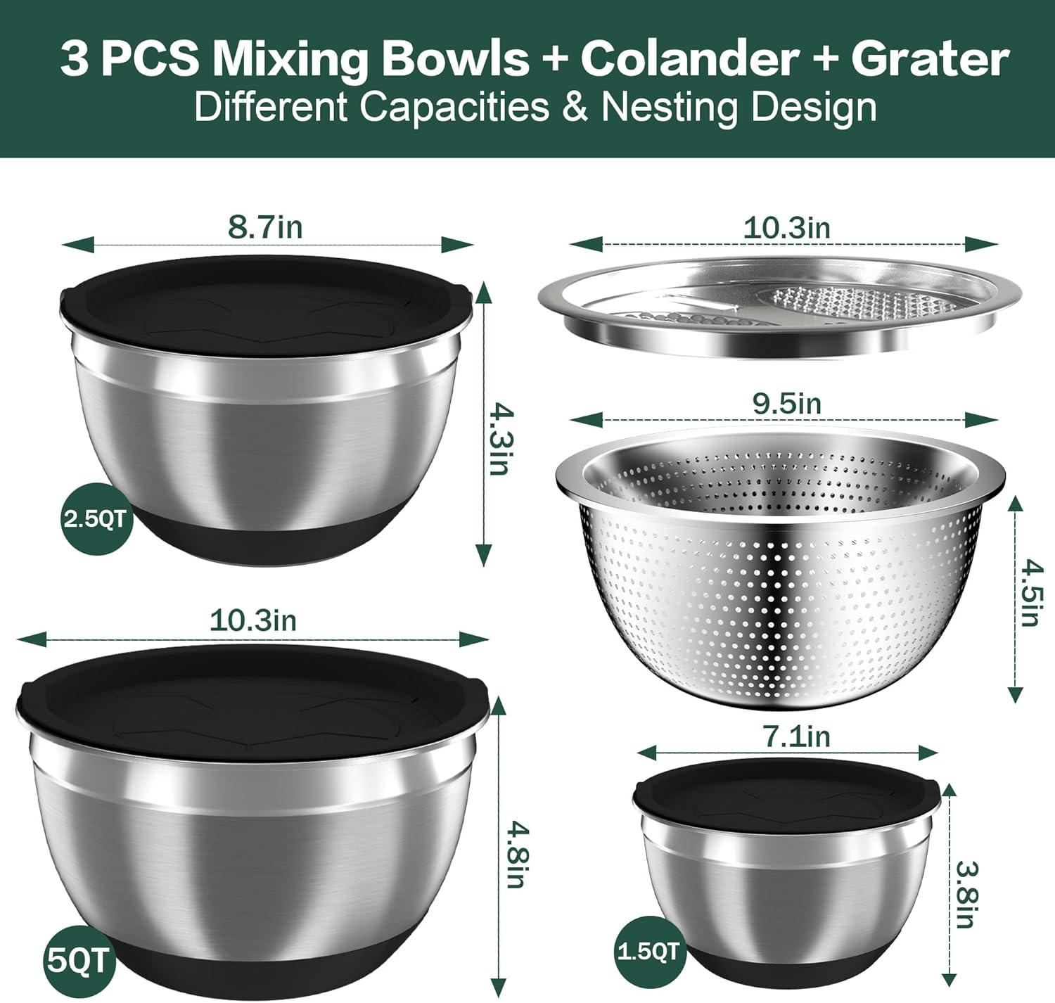 Mixing Bowls with Airtight Lids, Stainless Steel Mixing Bowl Set with 3 Metal Nesting Bowls, Colander & Grater, Non-Slip Bottoms, Size 1.5, 2.5, 5 QT, Great for Mixing & Serving, Black - Image 7