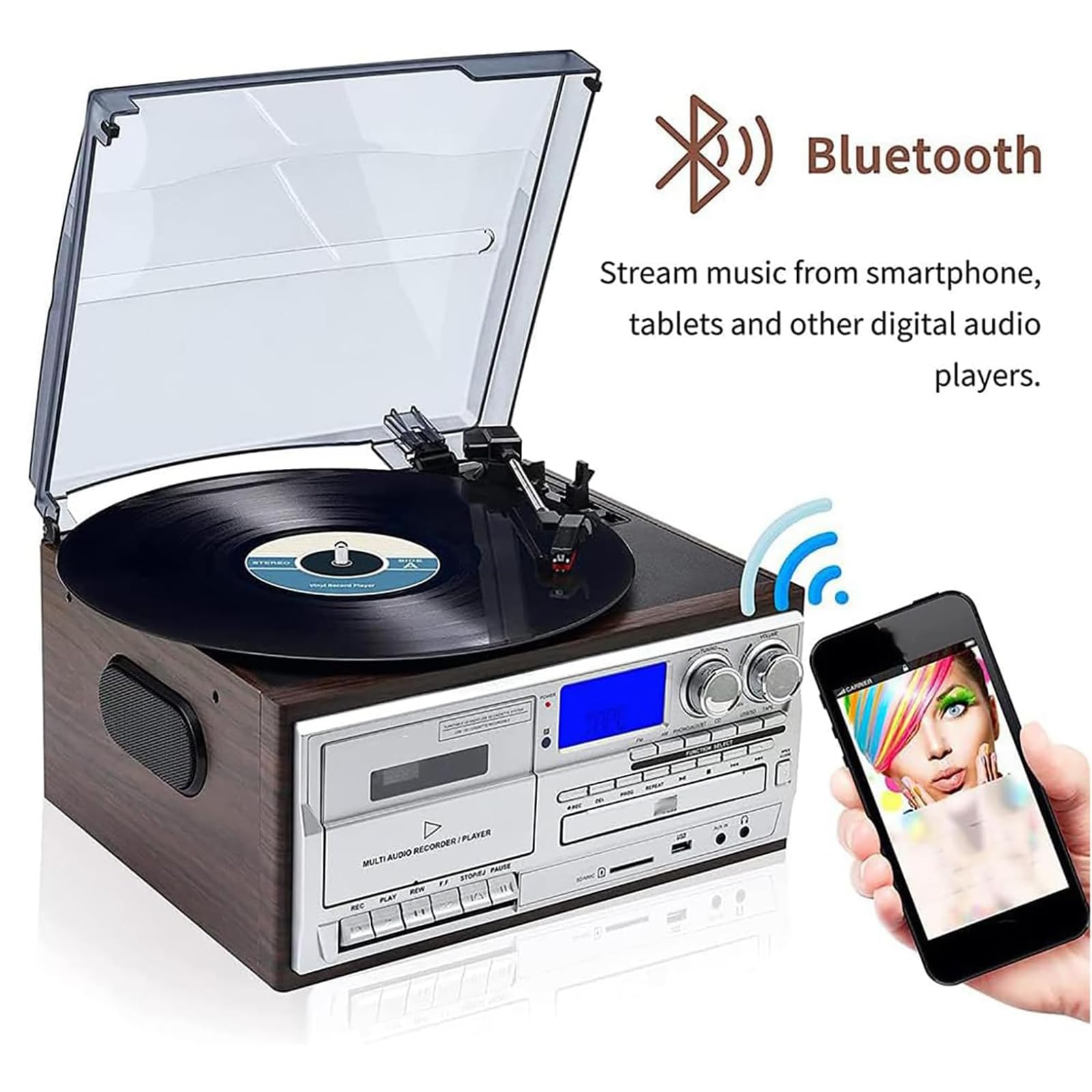 Klasyczny gramofon Bluetooth, gramofon winylowy, wbudowane głośniki - 3 prędkości, CD/Bluetooth/Kaseta/Dysk USB/Wejście/Wyjście/Transkrypcja, z matową osłoną przeciwkurzową,A