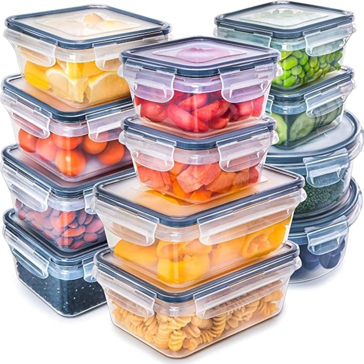 MahMirAirtight Meal Prep Container Set with Locking Lids, 12pcs Re-usable Plastic Food Storage Containers, Stackable Kitchen Organizer Boxes, BPA Free & Microwave Freezer Dishwasher Safe (12pcs Set)