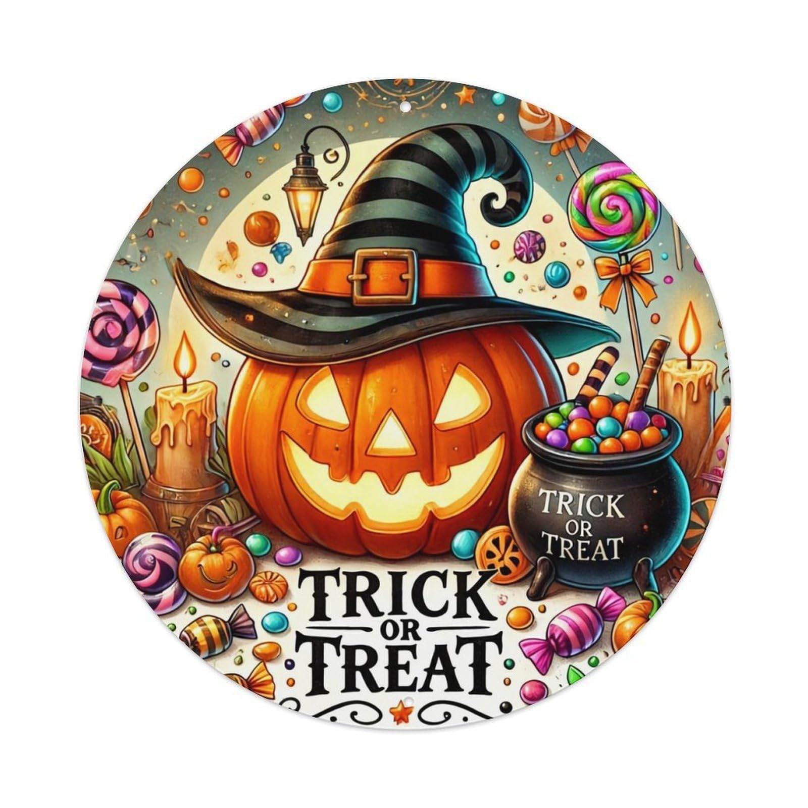Jdyaojiesheng Vintage Trick Or Treat Pumpkin Witch Hat Round Tin Sign Retro Metal Wall Decor Metal Poster, Home Bar Garage Farmhouse Cafe Wall Art Decoration 8X8inch
