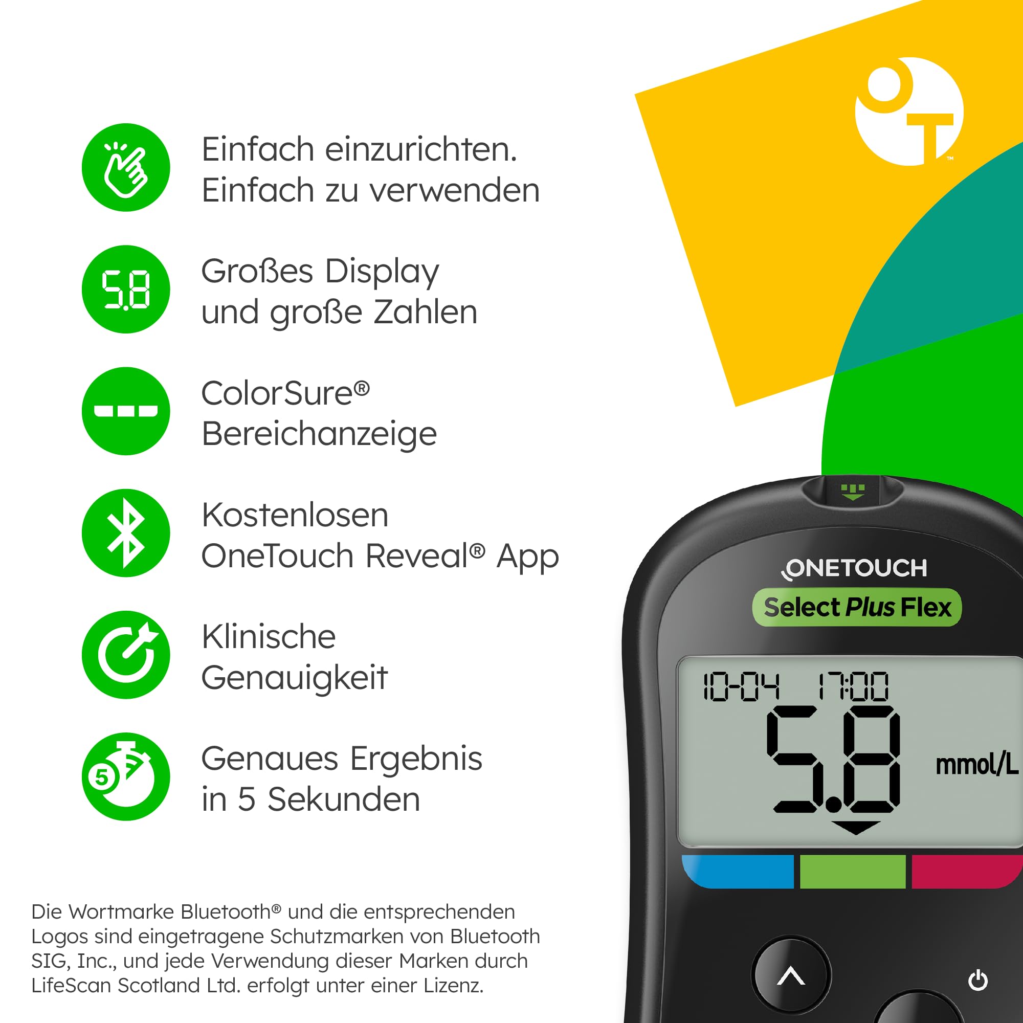 OneTouch Select Plus Flex® Blutzuckermessgerät Starterset Diabetes mmo/L | Set inkl. 40 Teststreifen & 40 Lanzetten & 1 Etui – Präzise Messung, einfache Anwendung