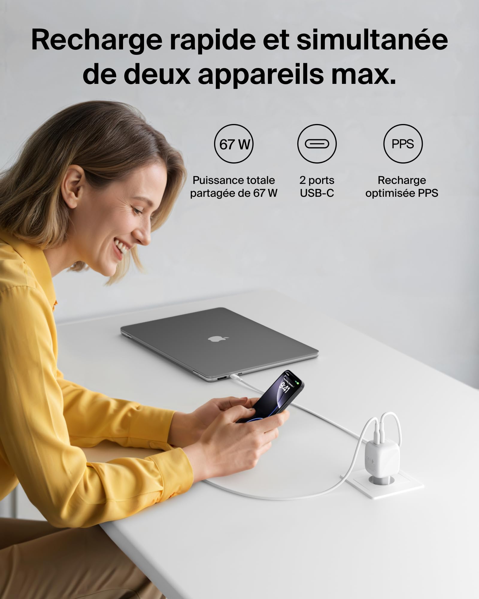 Belkin SmartProtect Chargeur USB C 67 W, Chargeur GaN 2 Ports, Câble 2 M Inclus, Recharge Rapide pour MacBook, iPhone 17, iPad Pro, Chromebook, Galaxy S25 Ultra, Pixel 10 - Blanc