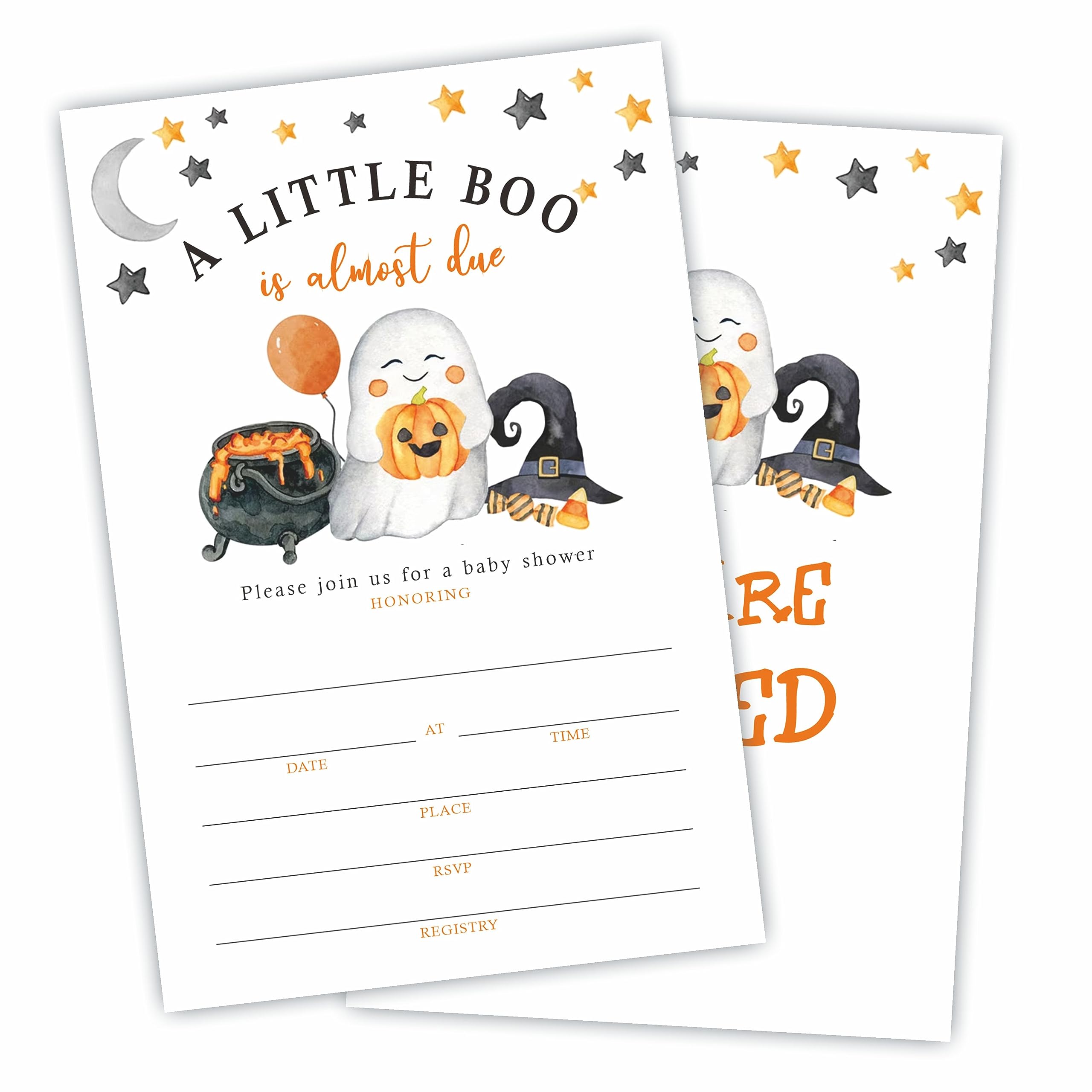 A Little Boo Is Almost Due! Baby Shower Invitation, 25 Spooky Invite Cards With Envelopes, Gender Reveal, Baby Announcement Party, Double-Sided Fill In Style Invites, Party Favor And Supplies - B20