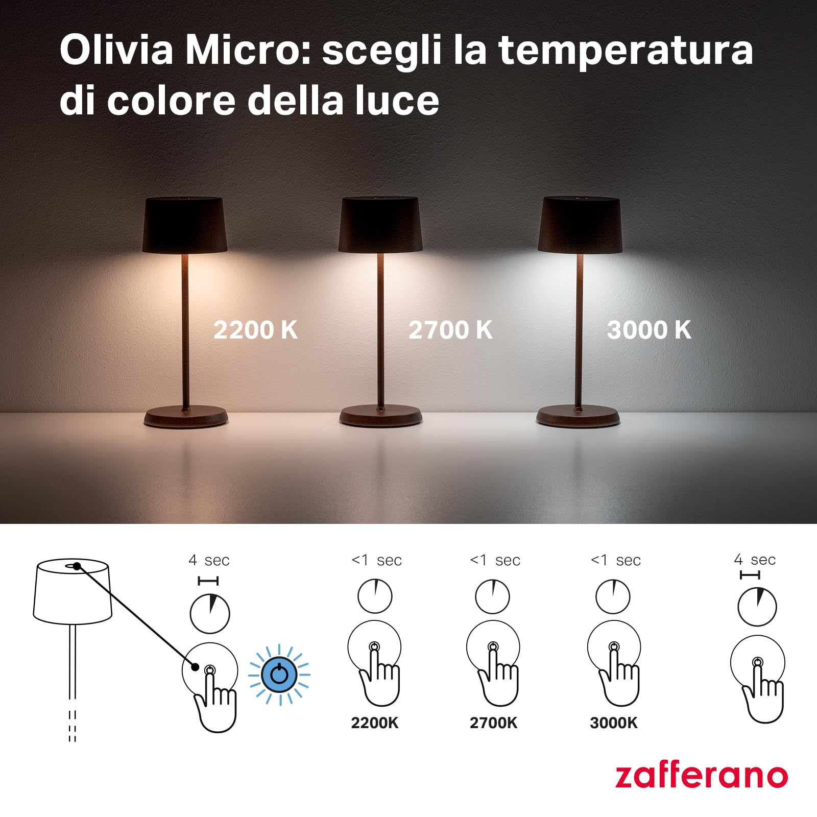 Zafferano, Lampada Olivia Micro, Lampada da Tavolo Ricaricabile e Senza Fili con Controllo Touch, Adatta per Salotto ed Esterni, Dimmer, 2200-3000 K, Altezza 20 cm, Colore Sabbia