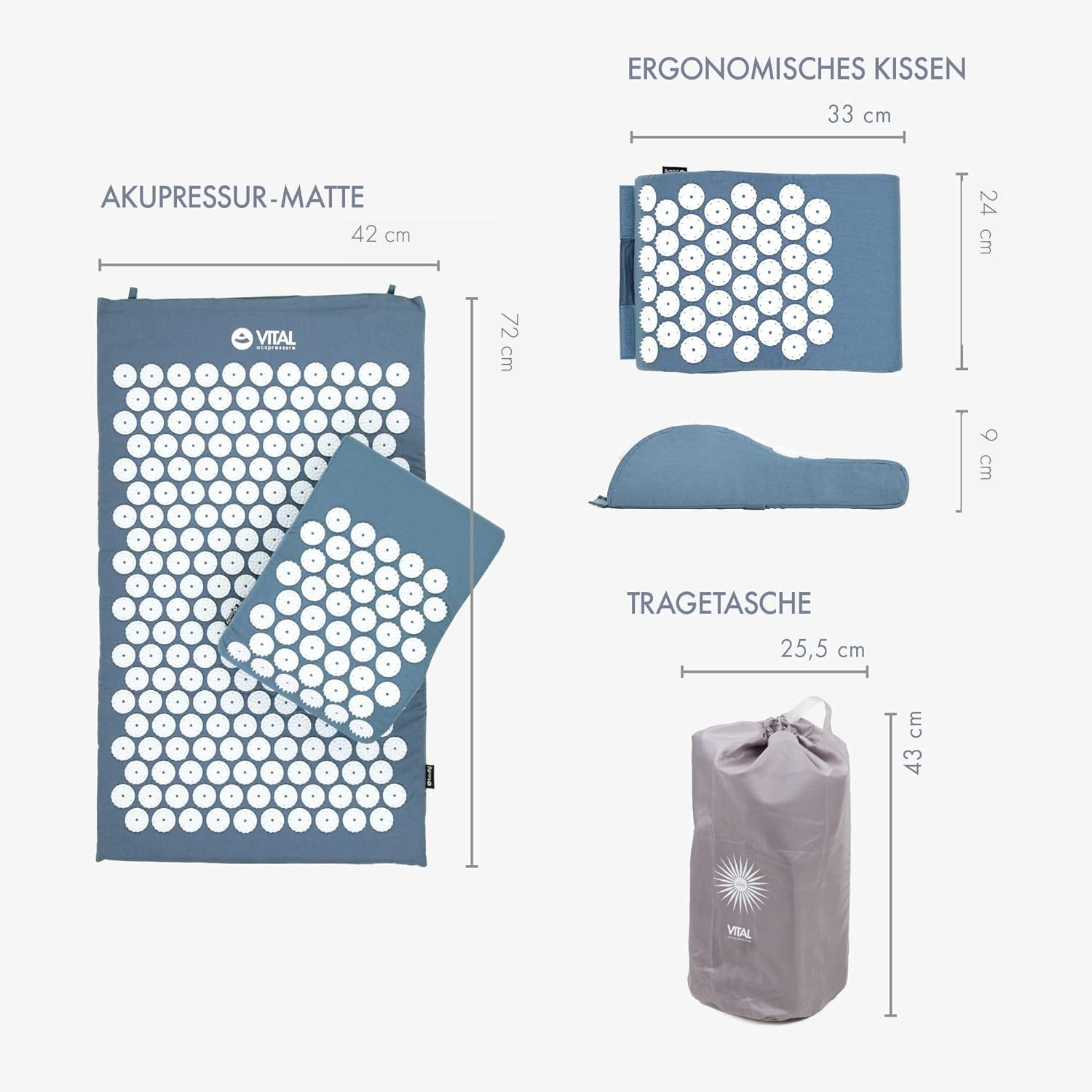 Bodhi VITAL Akupressurmatten-Set | Massagematte & Kissen inkl. Tasche | Nadelkissen zur Selbstmassage | Entspannungsmatte gegen Nacken und Rückenschmerzen | Fakirmatte für zu Hause | blau