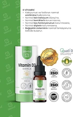 Erbatab D3 Vitamini Damla Çocuklar İçin 400 IU Kids D Vitamini Takviyesi - Zeytinyağlı Şekersiz Takviye Edici Gıda 20 ml 400 Damla