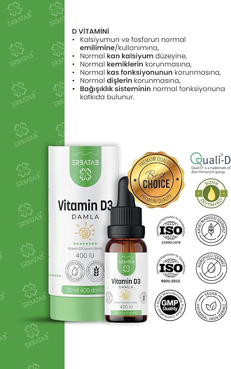 Erbatab D3 Vitamini Damla Çocuklar İçin 400 IU Kids D Vitamini Takviyesi - Zeytinyağlı Şekersiz Takviye Edici Gıda 20 ml 400 Damla