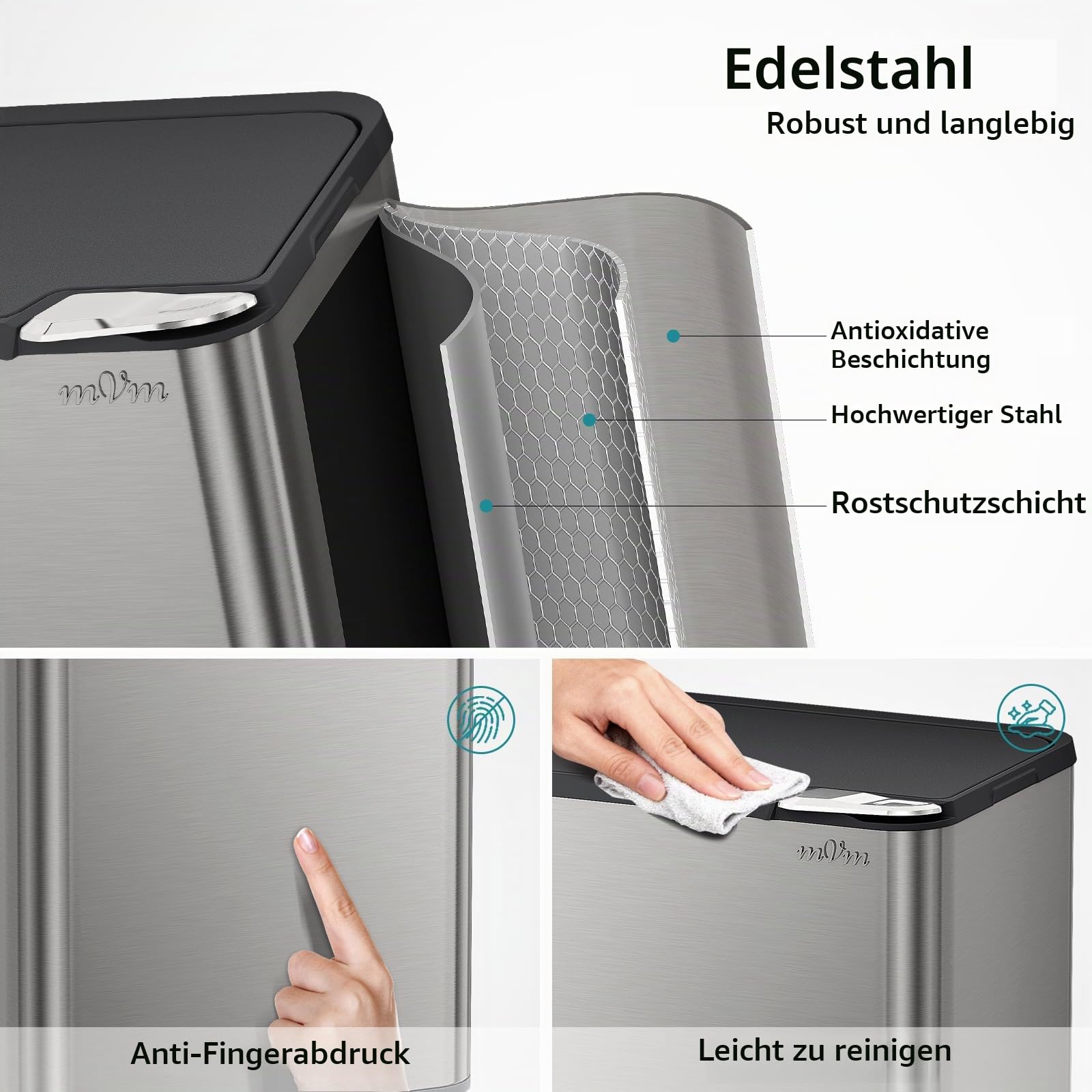 mVm Küchen & Büromülleimer 80L, Edelstahl, Rechteckig, Mit Deckel & Geruchsfilter, Sanftschließend & Offen Haltbar, Abnehmbare Halterung