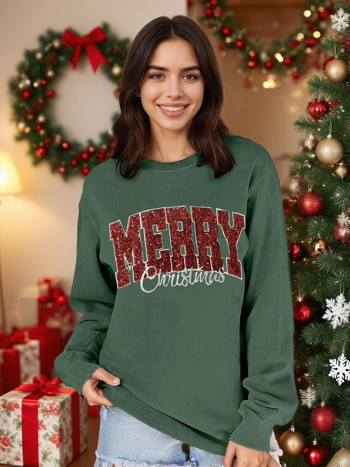 Christmas Sweatshirts for Women Merry and Bright Graphic Long Sleeve Shirt Sequin Xmas Holiday Fall Gifts Tops - Image 3