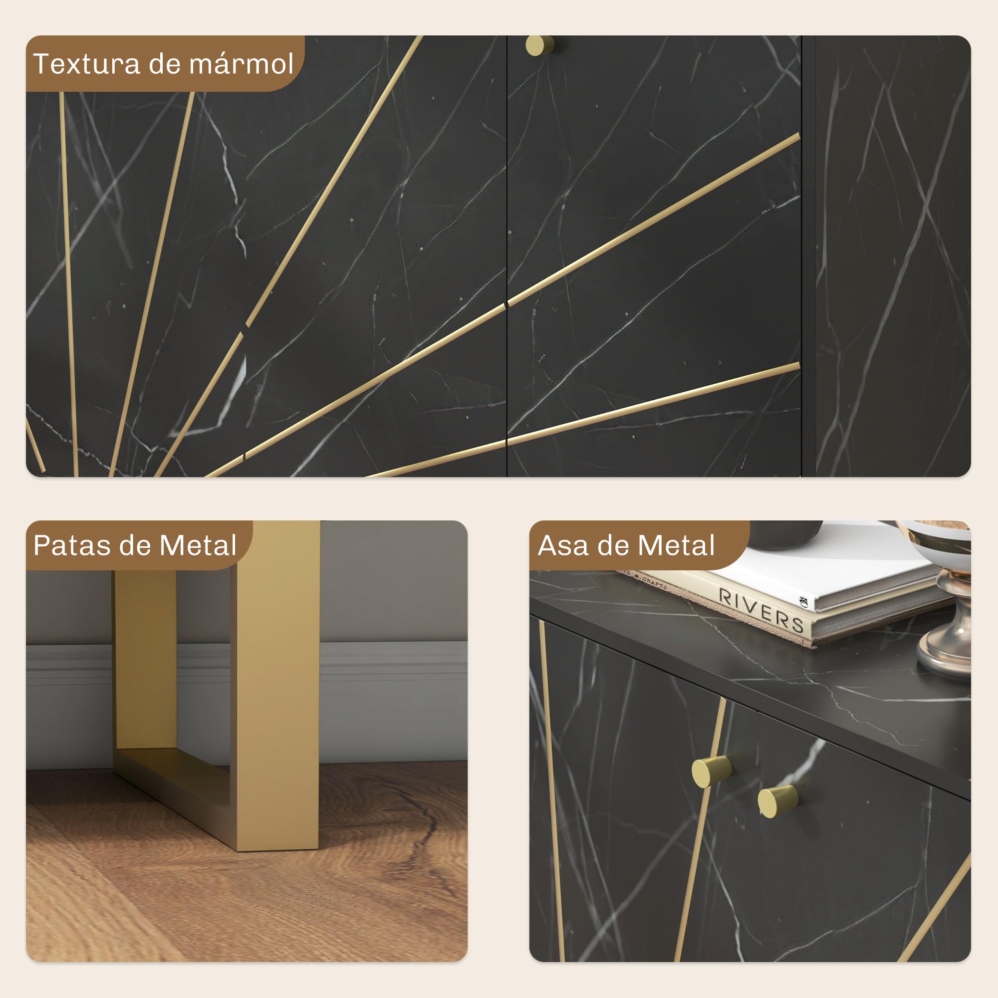 HOMCOM Aparador Moderno 2 Puertas Antivuelco 107x35x75 cm Negro y Dorado | Aparador de Salón, Estante Ajustable, Mueble Auxiliar para Salón, Efecto Mármol