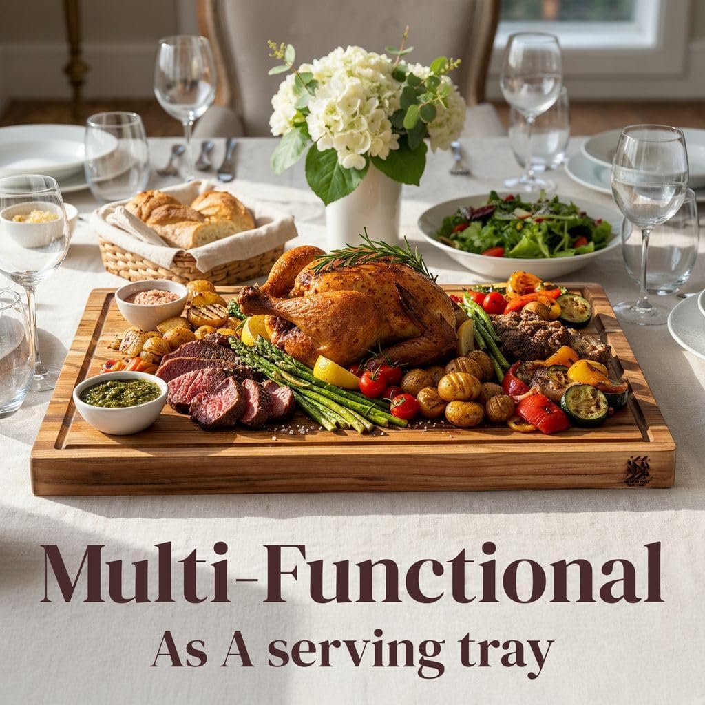 Extra Large Teak Wood Cutting Board 24x18 Inch for Meat, Brisket & Professional Kitchen Prep, 1.5" Thick Edge Grain Butcher Block with Deep Juice Groove & Handle, Non-toxic Board by New M Way