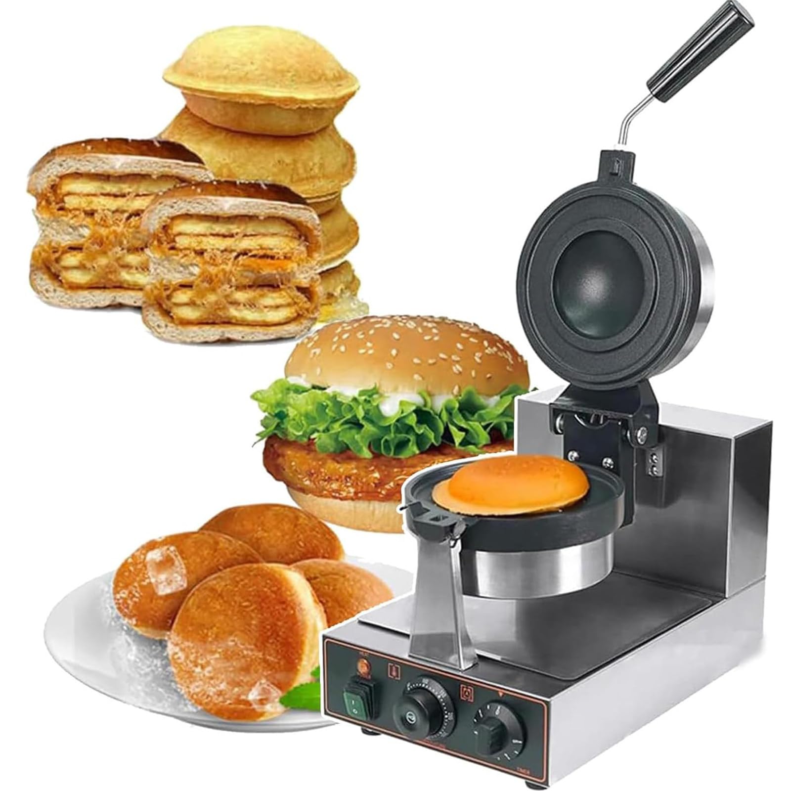 NGDFGR Adjustable Time&Temperature Burger Waffle Irons - Non-Stick Stainless Steel Doublehead Panini Press Baking Machine For Commercial & Home,Singlehead