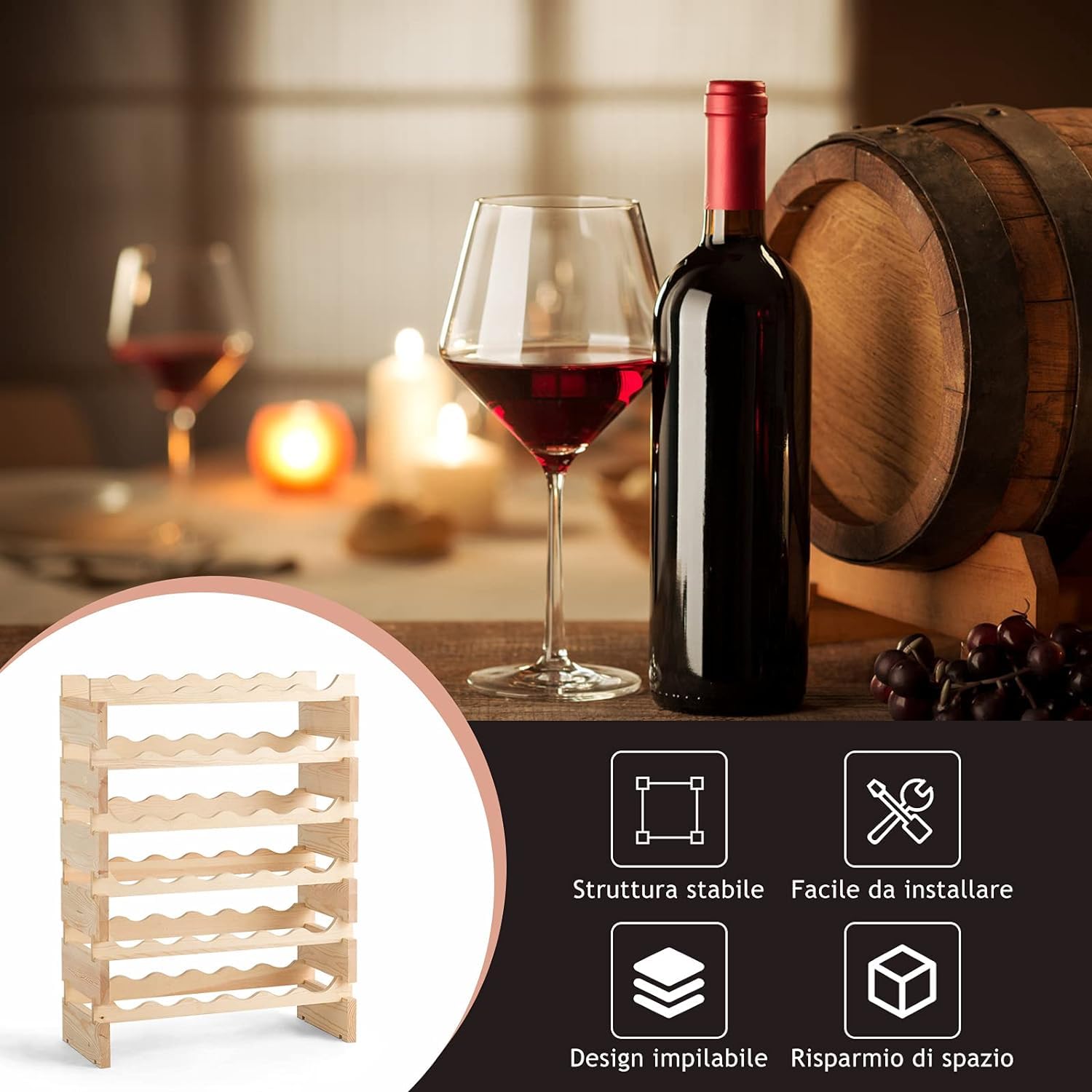GYMAX Portabottiglie Vino in Legno di Pino, Cantinetta Vino con 6 Ripiani, per 36/72 Bottiglie di Vino, Porta Bottiglie di Vino da Terra, per Cantina, Sala da Pranzo, Bar (63 x 28 x 85 cm)