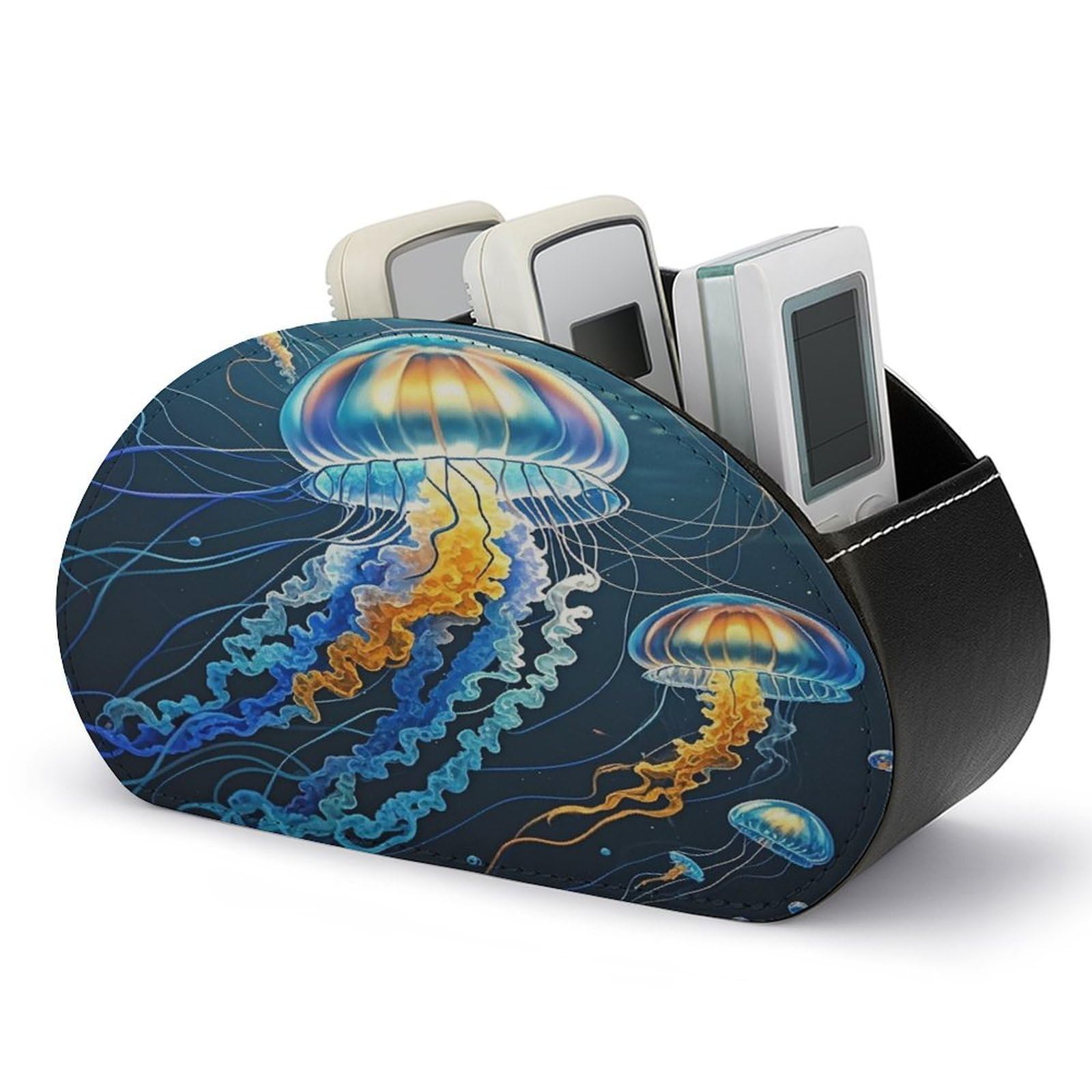 FekiLoot Color Jellyfish Remote Control Holder PU Leather Tabletop Organizer with 5 Compartments Storage Tray & Desktop Organizer for TV Remotes Glasses Pens