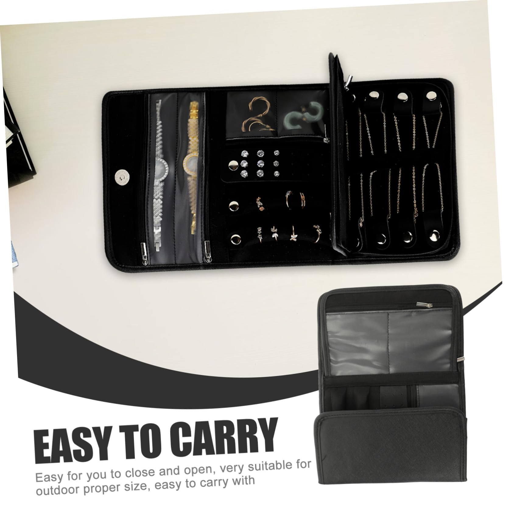 Faltbare Schmuckrolle Reise Organizer Schwarz aus Pu und Polyester